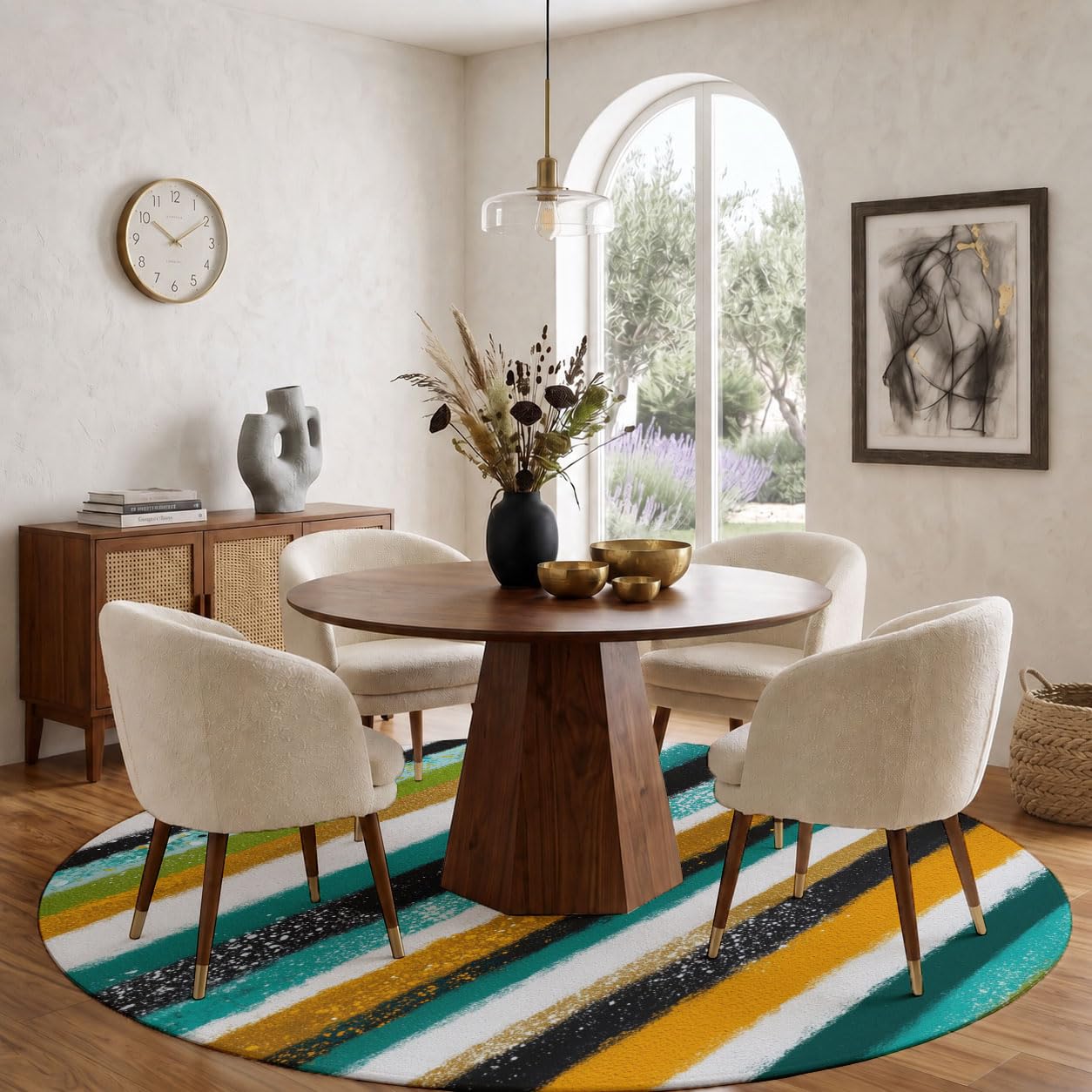 Tapis Rond 120cm Rayures D'Éclaboussures D'Encre Pour Chambre | Texture De Graffiti Peinte À La Main Rond Tapis Antidérapant Lavable En Machine Cuisine Salon Adulte Interieur Bureau Cuisine Decoration