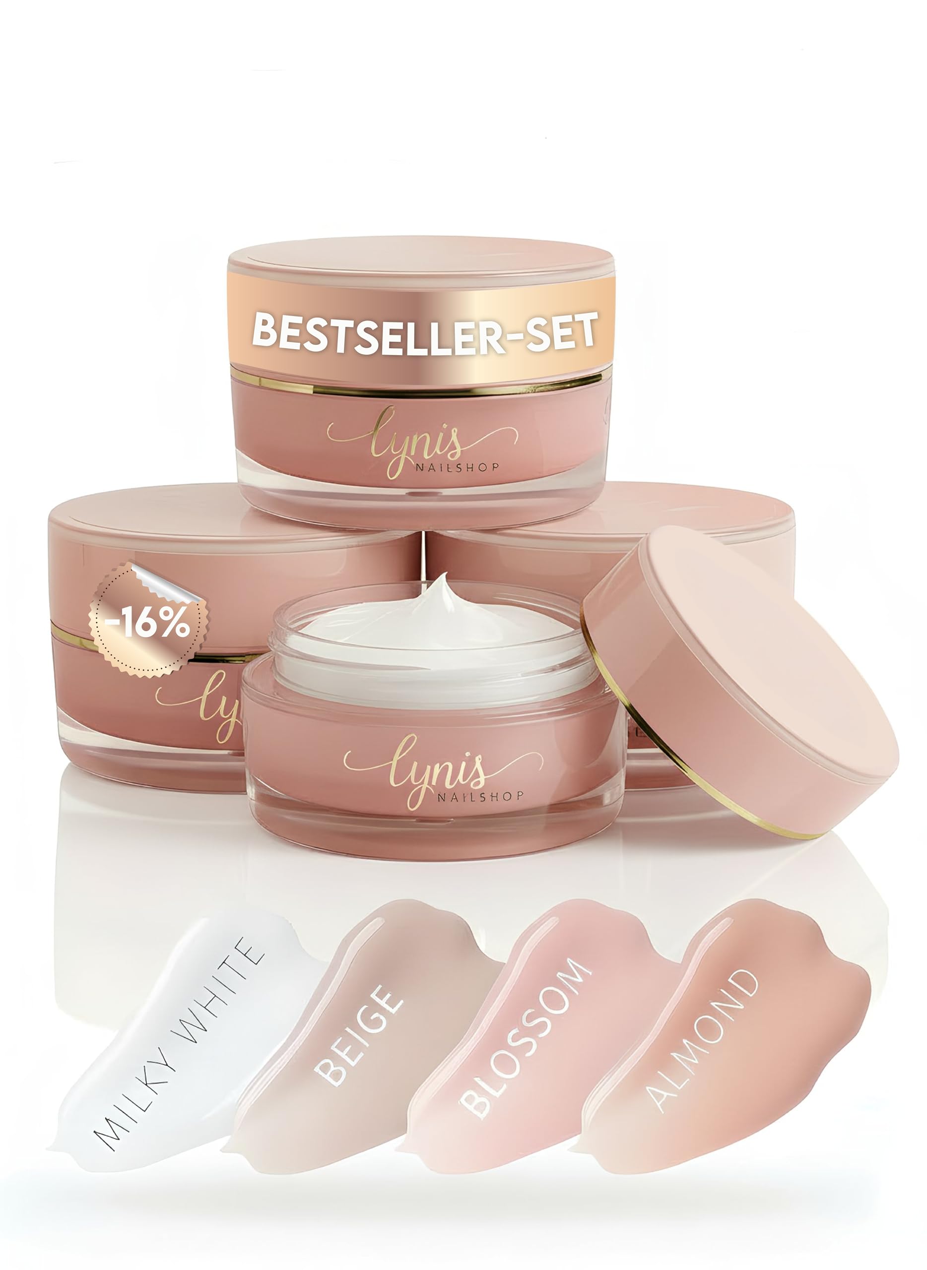 No File Aufbaugel Set für Gelnägel ALMOND, BLOSSOM, BEIGE & MILKY WHITE 15ml für Profis & Anfänger als UV Gel SELBSTGLÄTTEND OHNE FEILEN, UV & LED geeignet, pinchbar, mittelviskos, Lynis-Nailshop.de