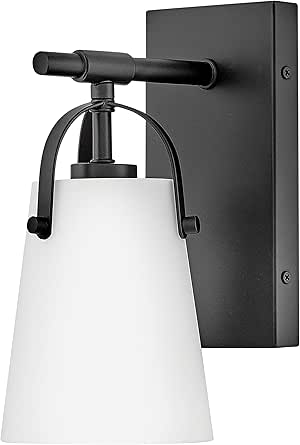 Hinkley Foster Medium Single Light Bath Wall Sconce, Etched Opal Glass Tapered Shade, Arched Handle, Install Up/Down, Black Finish
