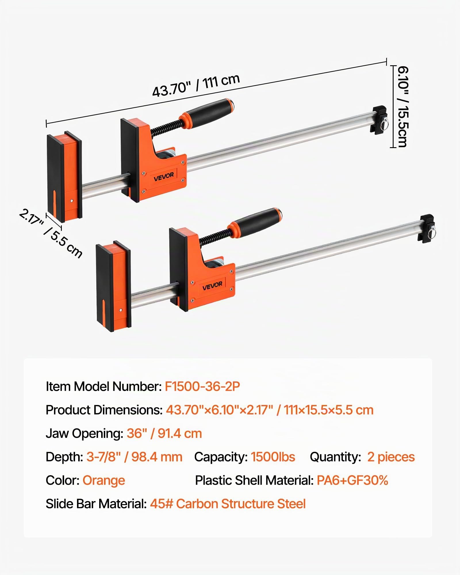 VEVOR Morsetti a Barra per Lavorazione del Legno da 91,4 cm Morsetti a F con Limite di Carico di 680 kg 2 Pezzi, Pressione Uniforme, Plastica ad Alta Resistenza e Acciaio al Carbonio, Arancione