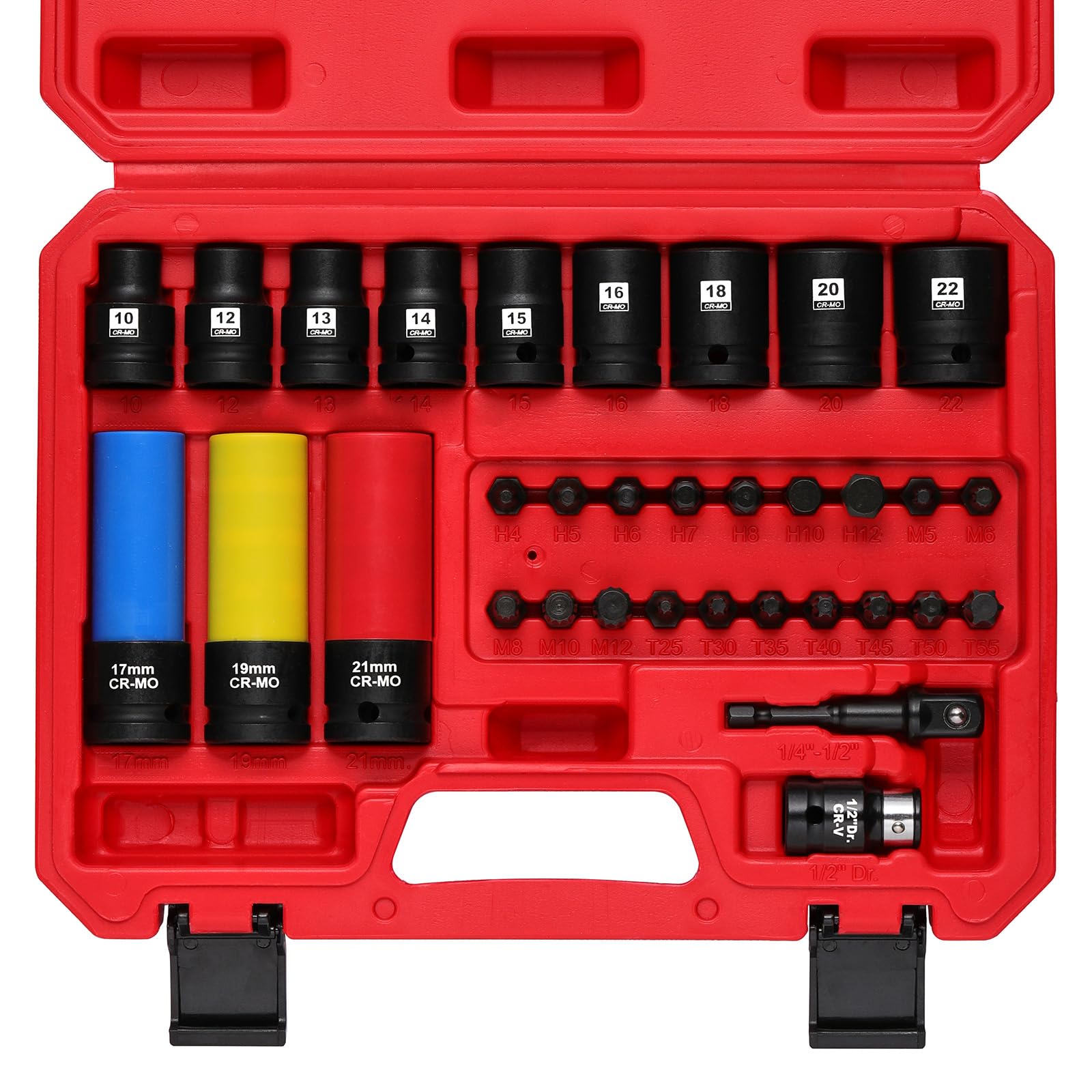 Mayouko 33 PCS 1/2" Drive Shallow Socket Set,10mm-22mm, 6-Point, CR-MO Steel,with Wheel Sockets,Drill Adapter and Hex Bit Sockets