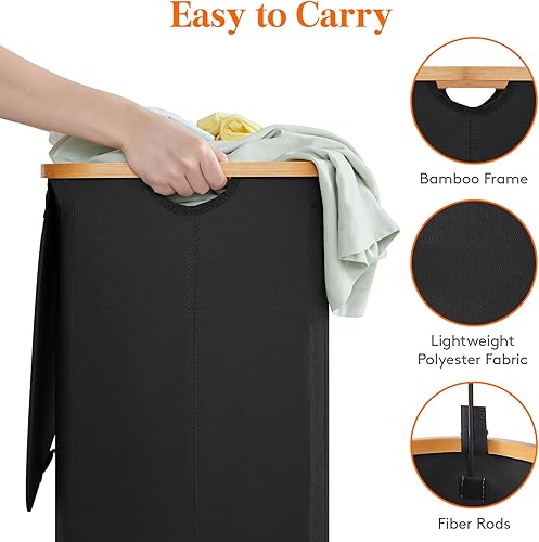 Miniatura 179 de Lifewit Cesta grande de 100 litros con tapa para ropa con asas de bambú y bolsa extraíble, plegable para dormitorio, baño, residencia universitaria