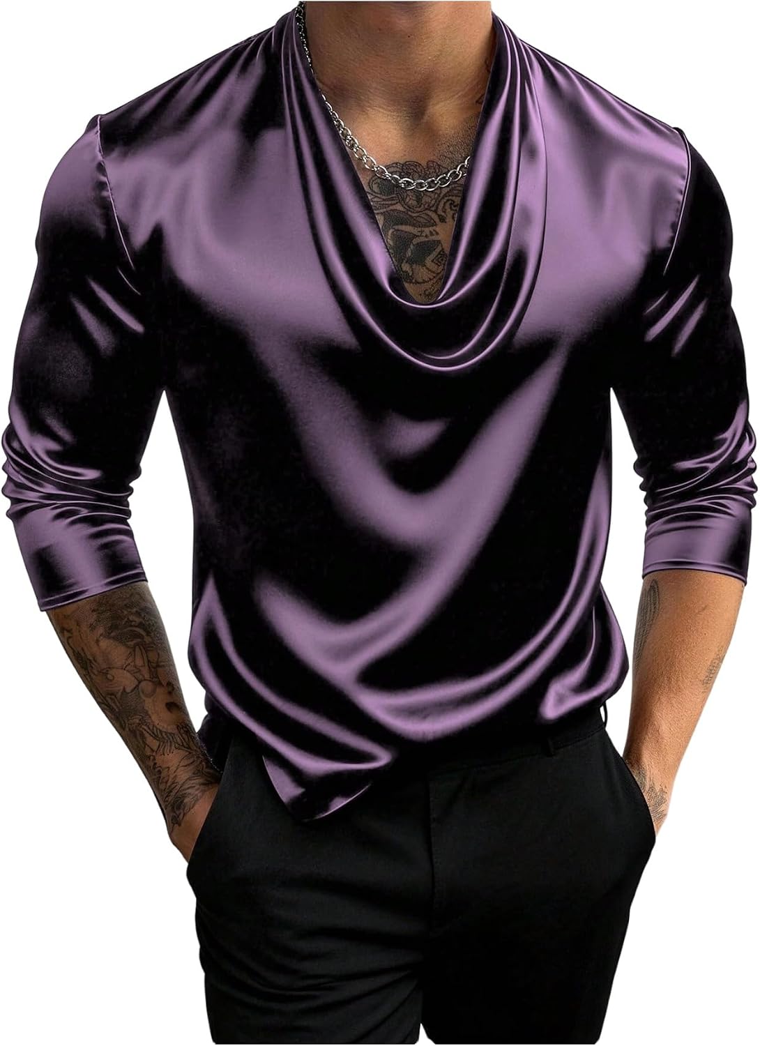 GORGLITTER Men's Dressy Satin Shirt Cowl Neck Long Sleeve Business Casual Office Work Top Rave Outfits