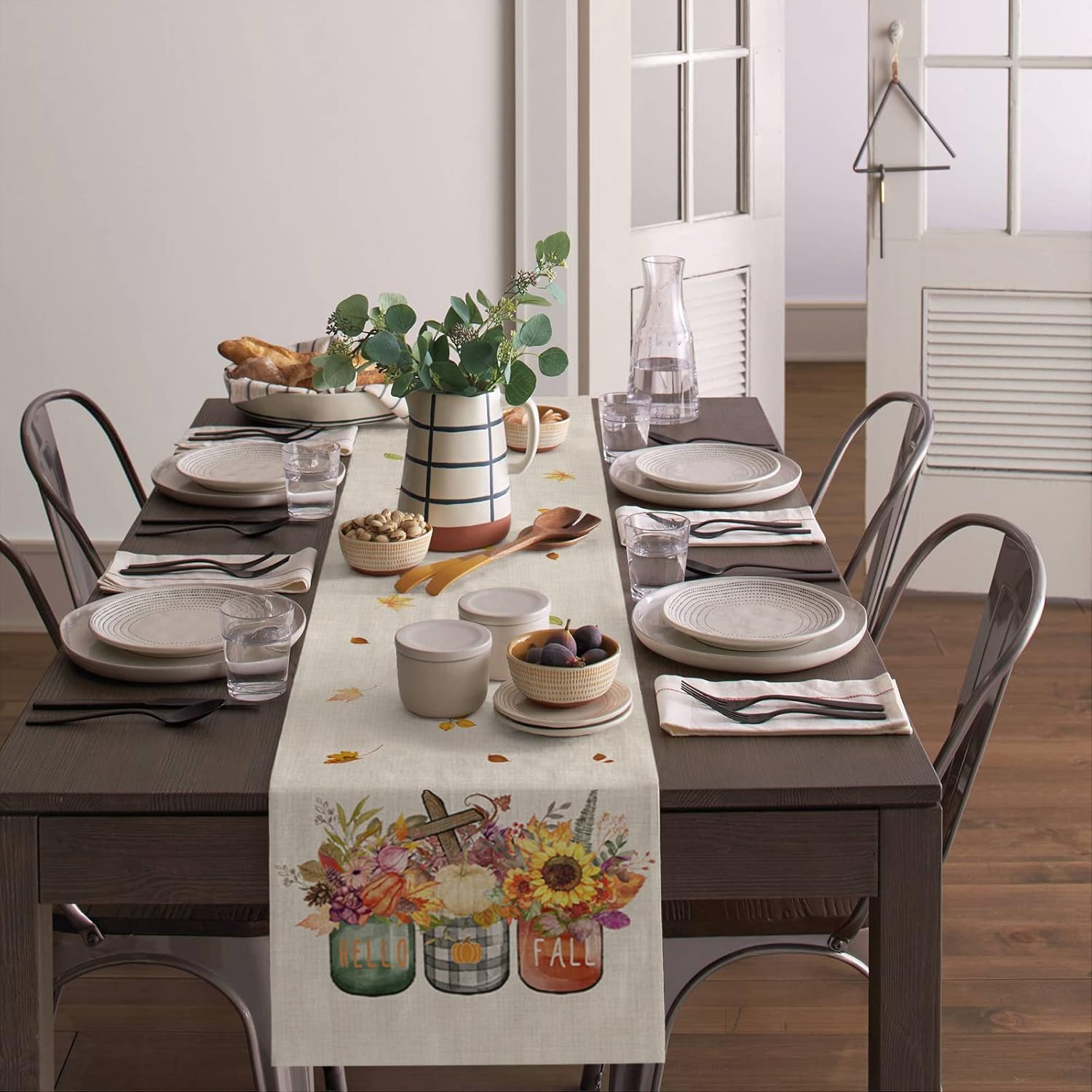Hello Fall Table Runner Thanksgiving Cotton Linen Coffee Table Runner, Floral Vase Seasonal Autumn Vintage Kitchen Dining Table Runner for Indoor Outdoor Party Decor 13 x 120 Inch