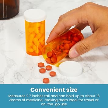 Wellbrite 100-Pack Pill Bottles Empty with Caps - 13 Pill Dram Plastic Medicine Bottles - Plastic Vials - Containers for Prescription Medication, Vitamins & Supplements - Orange