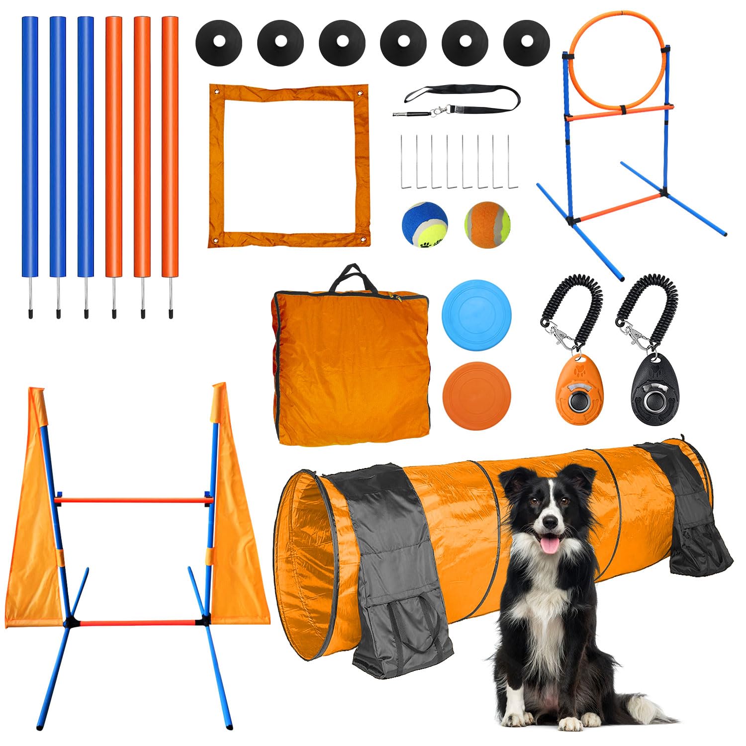 Premium Dog Agility Training Set Outdoor Indoor Game, Tire Jump + Hurdle Jump, Tunnel, Weave Poles, Pause, 2 Toy Balls, 2 Discs, 1 Whistle, 1 Bag, 2 Training Clicker Backyard Dog Obstacle Course Kit