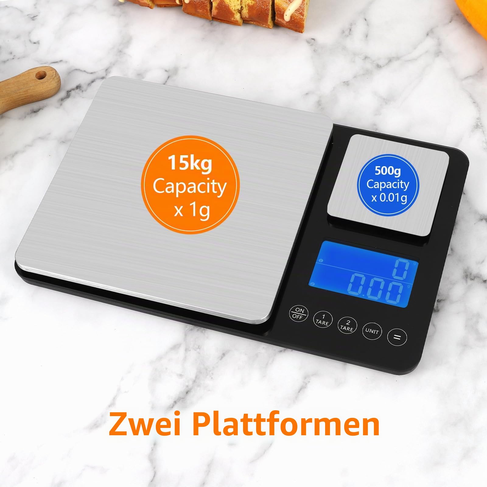 Küchenwaage mit Dualer Plattform, 15kg/1g & 500g/0.01g, Küchenwage mit 7 Einheiten, Summierungsfunktion und Tara Funktion, Kitchen Scale, Waage Küche zum Backen und Kochen
