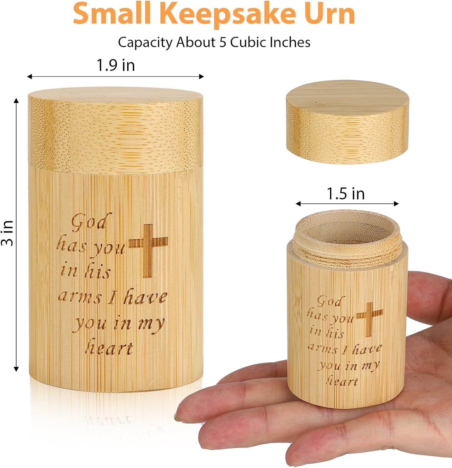 Small Scattering Urns for Human Ashes Set of 1, Natural Bamboo, Mini Keepsake Cremation Urn with Cross Pattern Engraved, for Made Female Adult Pets, 1.9" Wx 3" H - Image 2