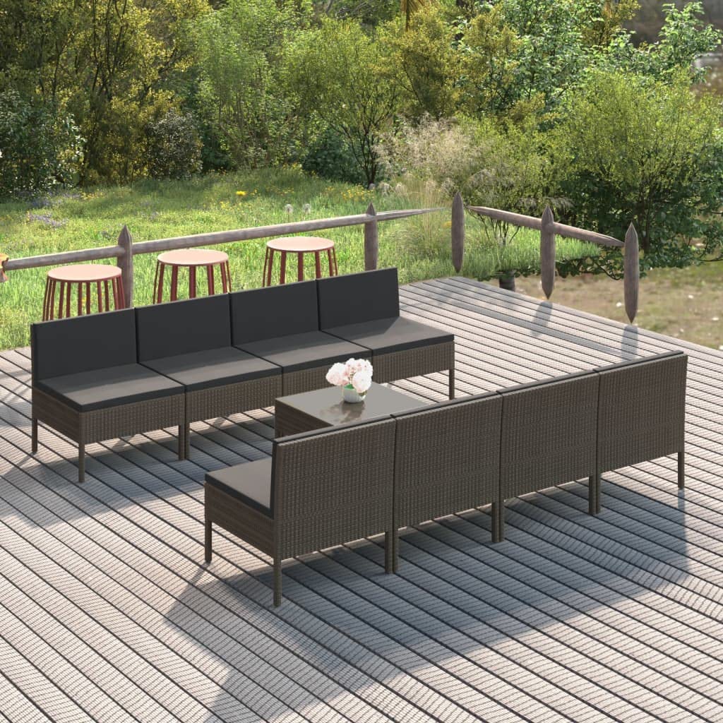 Salon de jardin 9 pcs résine tressée gris Solivagant grand ensemble repas table chaises extérieur
