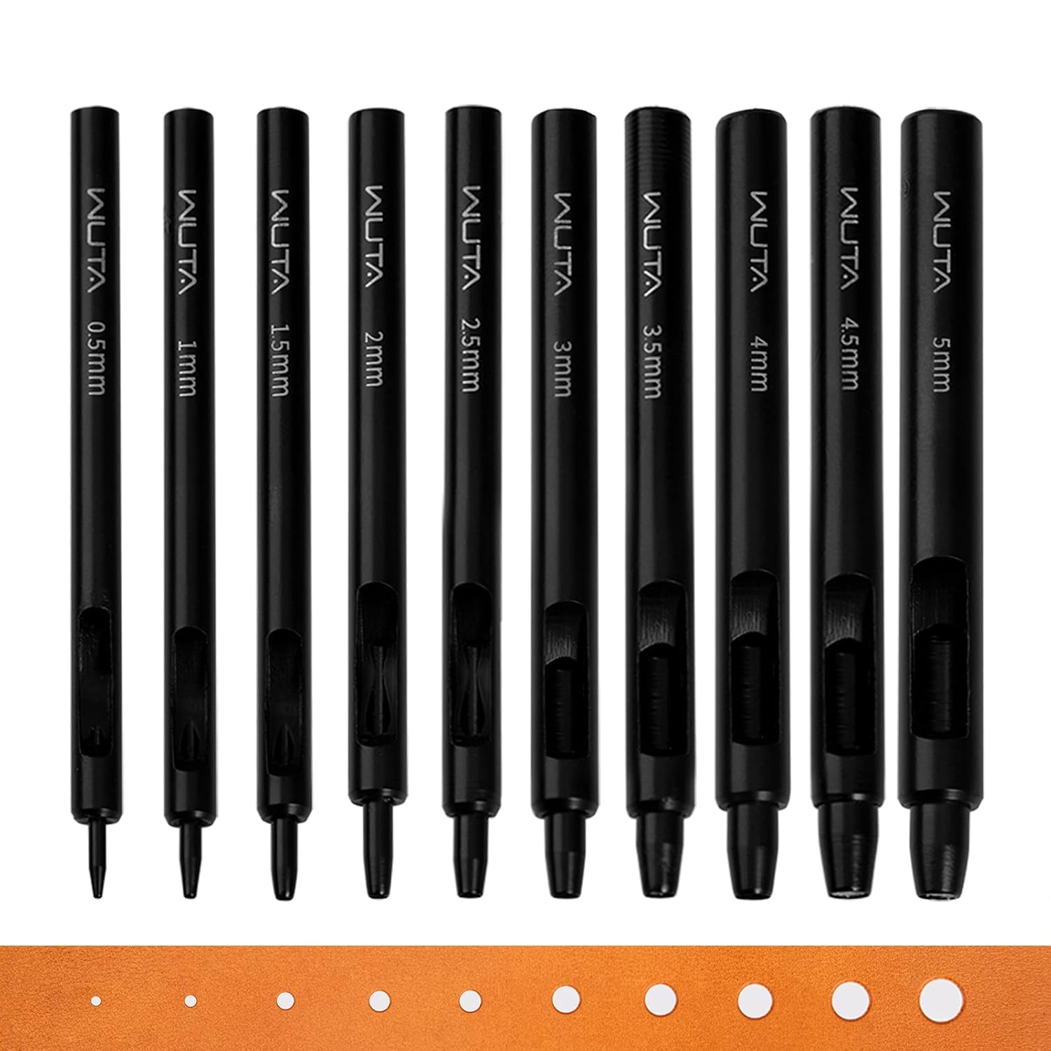 WUTA 10 Pcs Basic Round Hole Punch Set - Black Carbon Steel Hollow Puncher for Leather DIY Crafts, Watches, Belts, Fabric & Plastic(0.5+1+1.5+2+2.5+3+3.5+4+4.5+5mm)