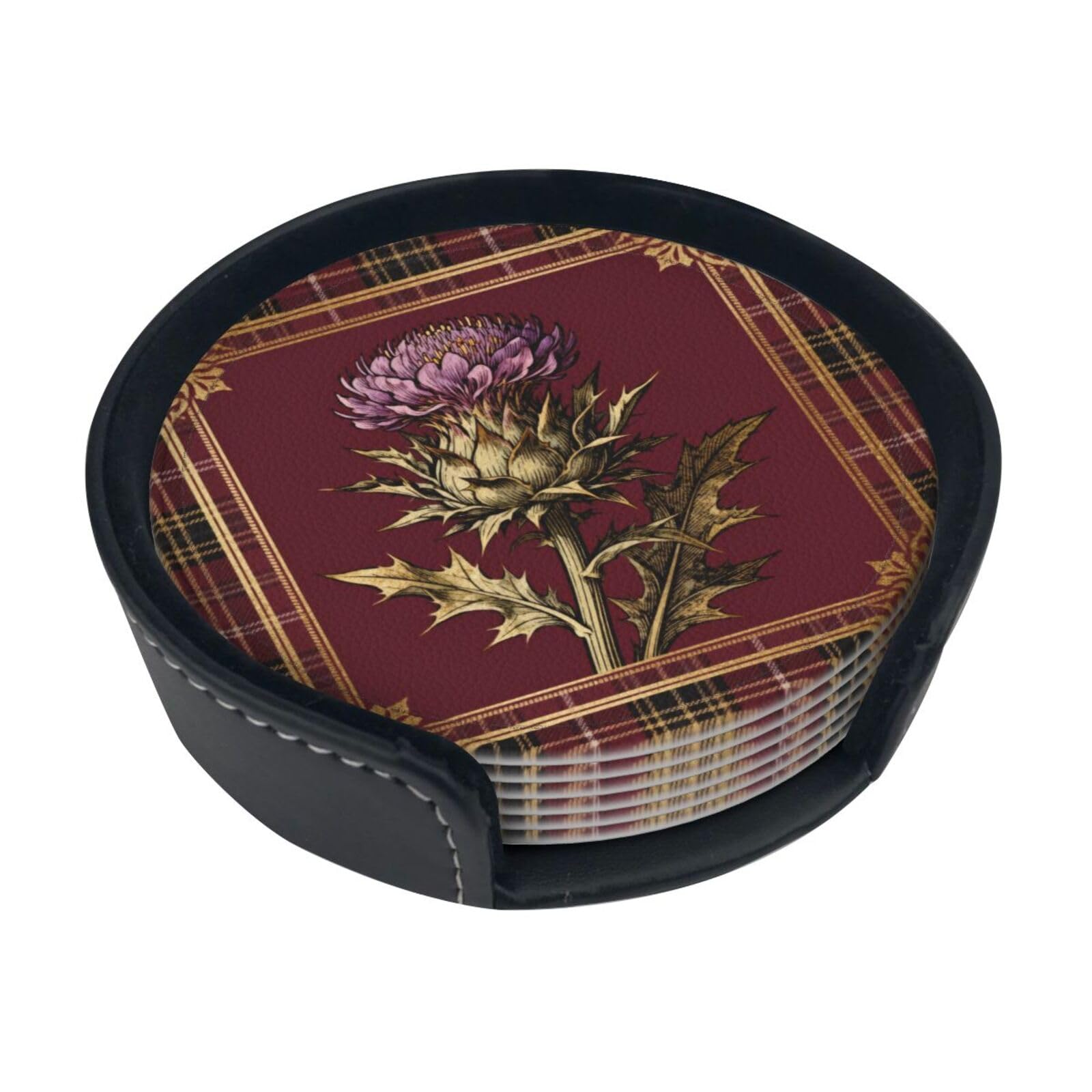 thistle Leather Coasters-Set of 6 with Storage Holder