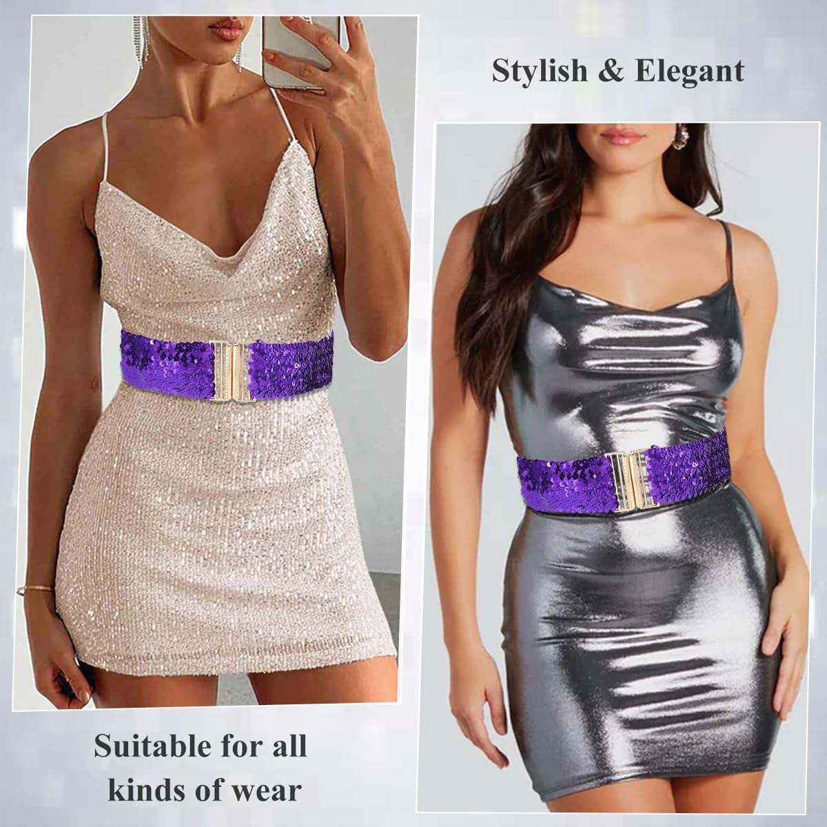 Glamorstar Sequin Wide Stretchy Belts for Women Elastic Waist Belt for Dresses