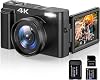 4K Digital Camera Photo Auto Focus 16x Digital Zoom, 48MP Vlog Camera with 32GB SD Card, 3 180° Flip Screen Compact Camera, 2 Batteries