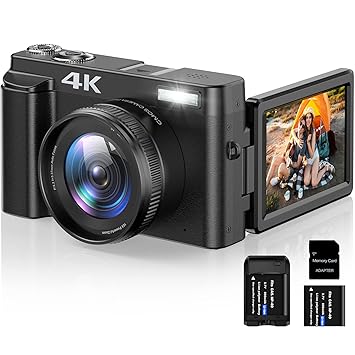 MIRWHAPNG 4K Digital Camera for Photography and Video Autofocus 16X Digital Zoom, 48MP Vlogging Camera with 32GB SD Card, 3'' 180° Flip Screen Compact Camera for Travel,2 Batteries Charger Stand - image, photos