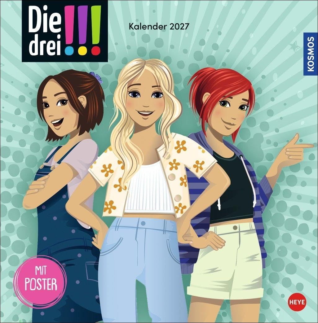 Die drei !!! Broschurkalender 2027: Das Mädchen-Detektiv-Trio in Aktion: Kalender mit coolen Bildern, spannenden Abenteuern und kniffligen Logik-Rätseln. Wandkalender 2027 zum Eintragen