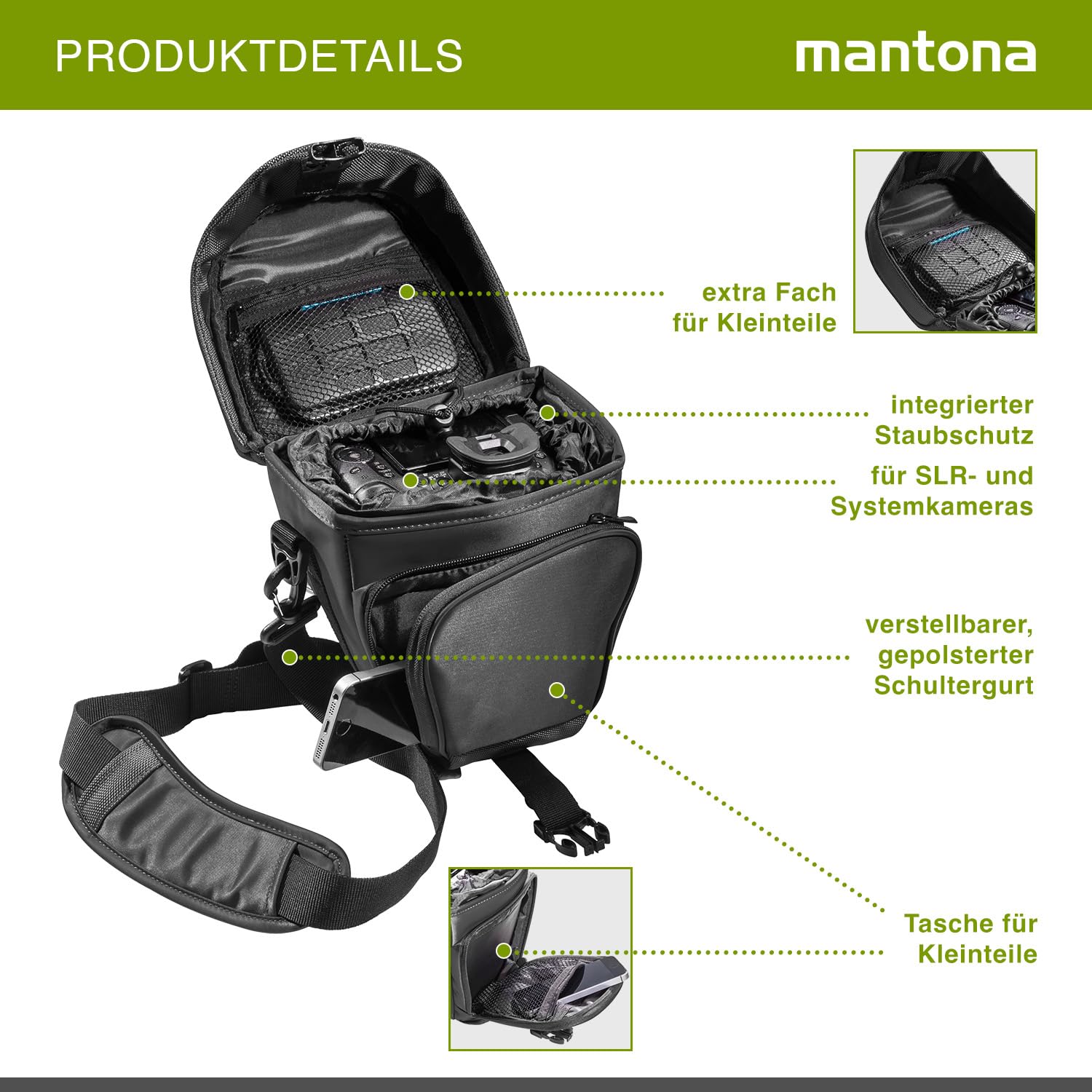Mantona Sacoche Appareil Photo DSLR - Étanche, Compartiment Accessoires, Sangle bandoulière, Parfait pour Reflex, Compact et Hybride