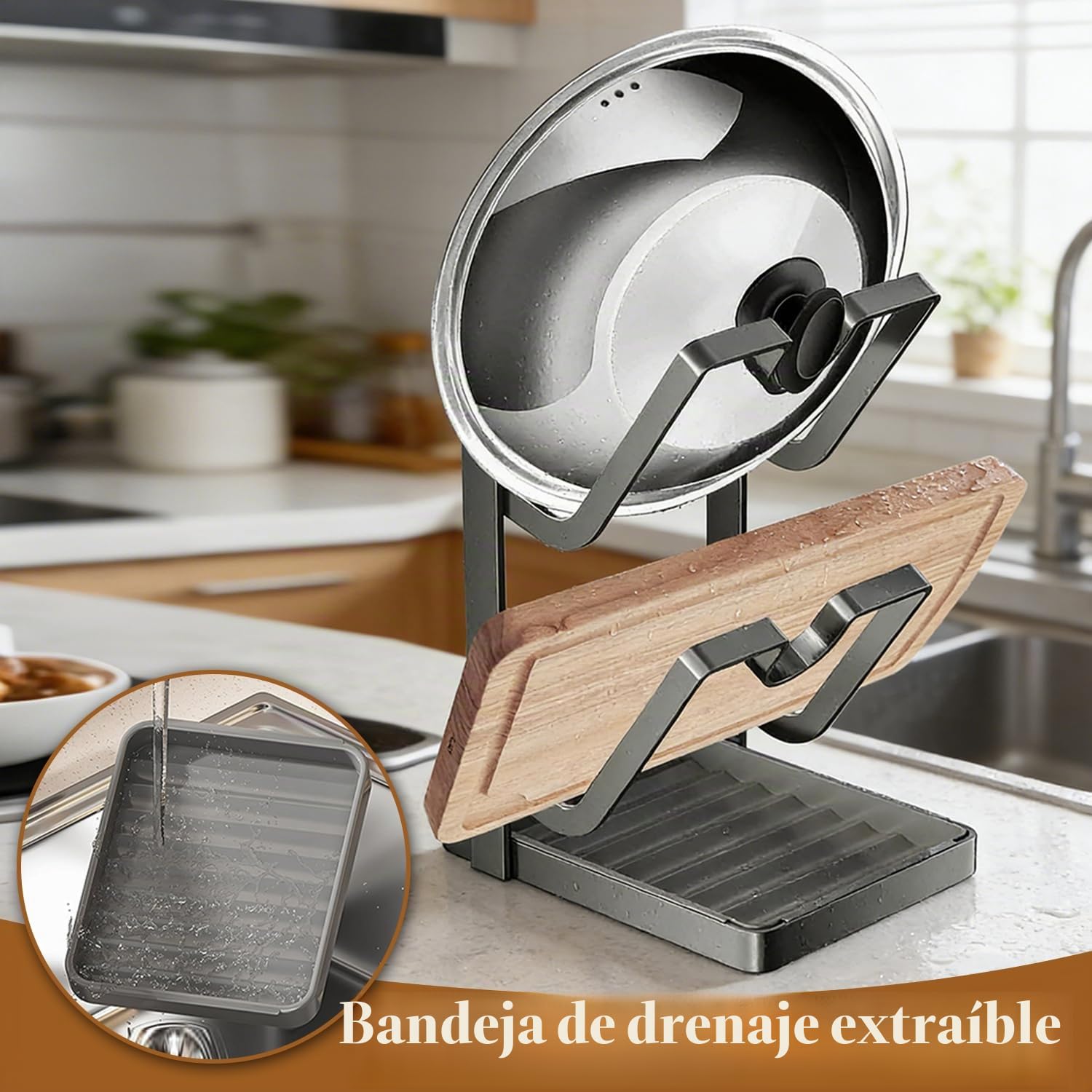 Organizador de tapa de olla con soporte, Organizador de tapa de olla con Bandeja Extraíble para Goteos, Soporte de tapa de olla de acero inoxidable de 2 capas, para cuchara para encimera de cocina