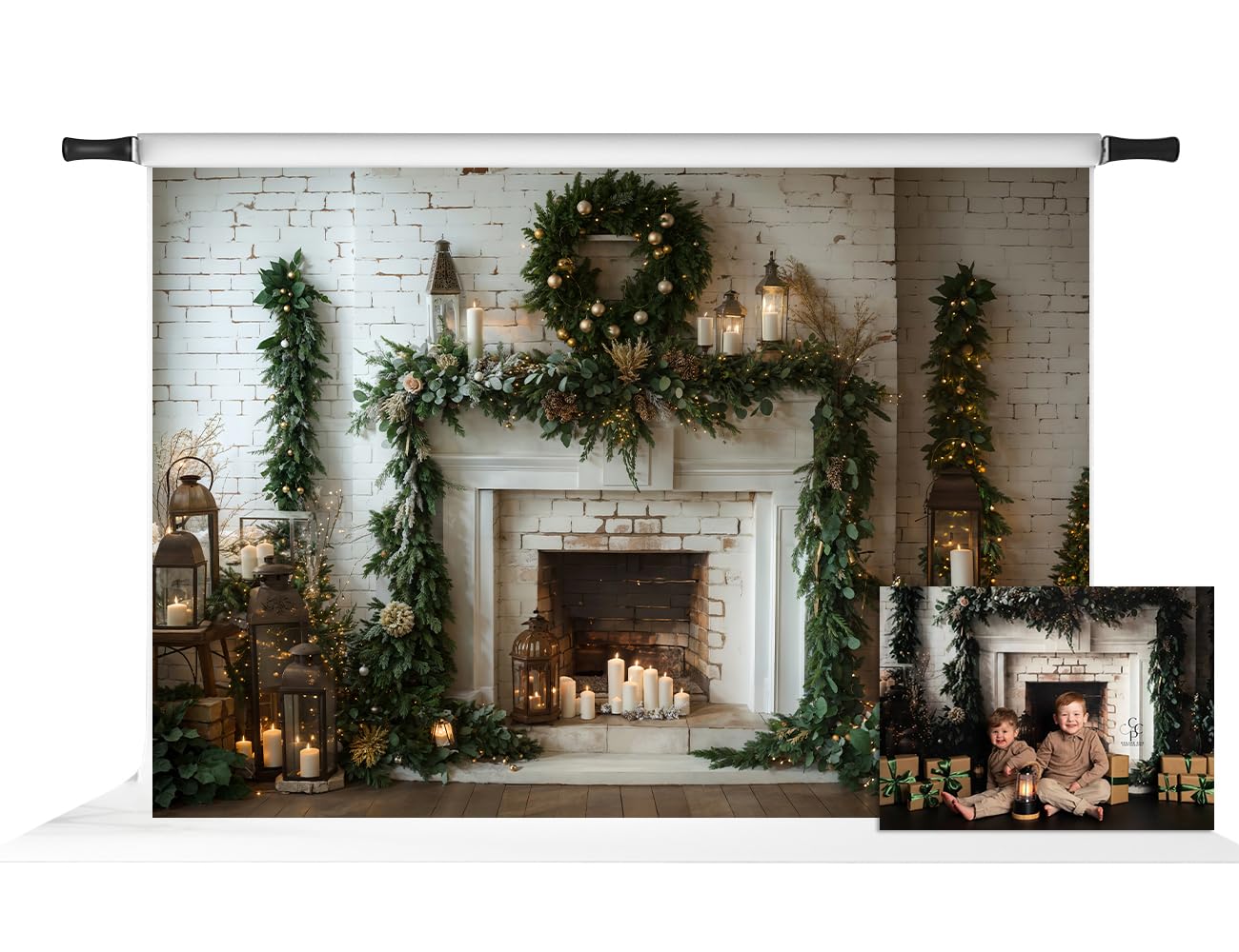 Kate Christmas Fireplace Photography Backdrops - Green Indoor Xmas, 7x5ft