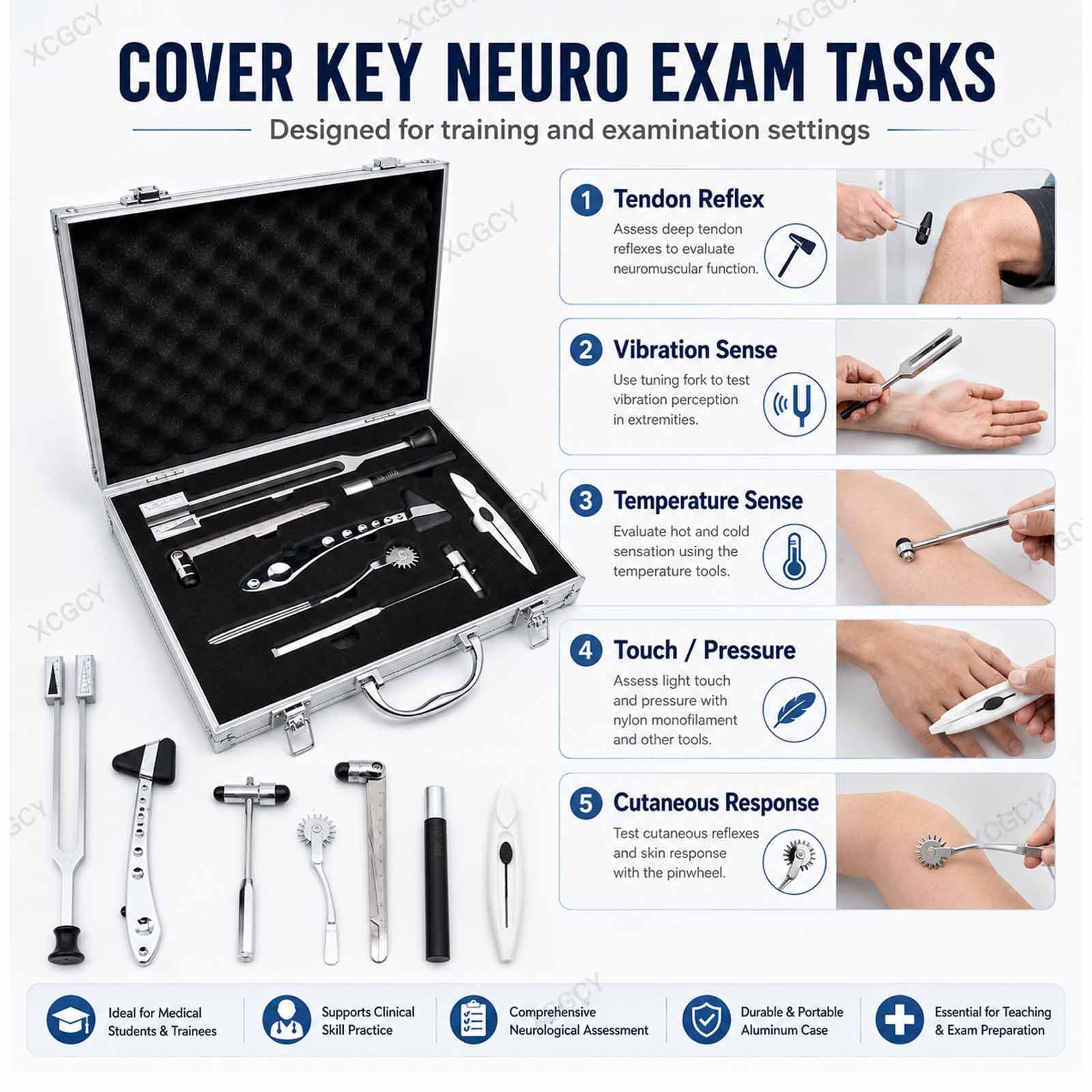 Set per Esame Neurologico, Set da 7 Pezzi con Custodia in Alluminio, Test di Puntura, Temperatura, Tatto, Vibrazione, Riflessi Tendinei per Studenti di Medicina E Professionisti