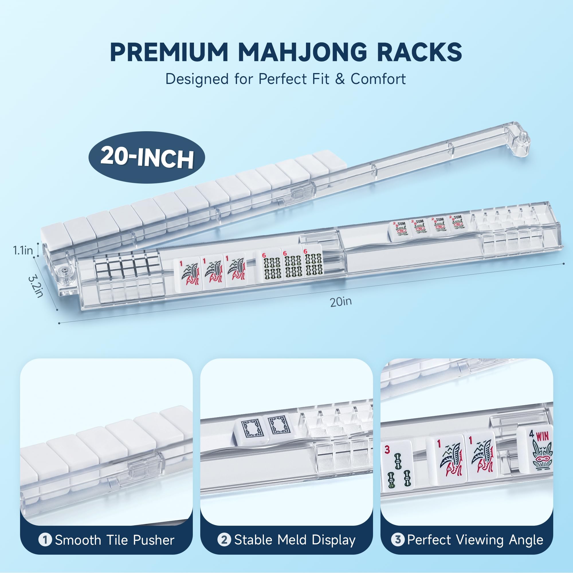 Lot de 4 supports de mahjong de 50,8 cm avec poussoirs – Accessoires de mahjong américains transparents – Supports de mahjong antidérapants et pliables pour carrelage, supports de carrelage
