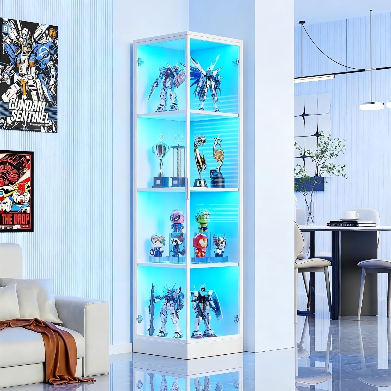 BROTTAR Corner Display Cabinet with Doors, 4-Tier Curio Cabinet for Collectibles, Display Case with 3 Color Light, Storage Cabinets with Door, Bookcase with Human Body Sensor, White(15.7" W)
