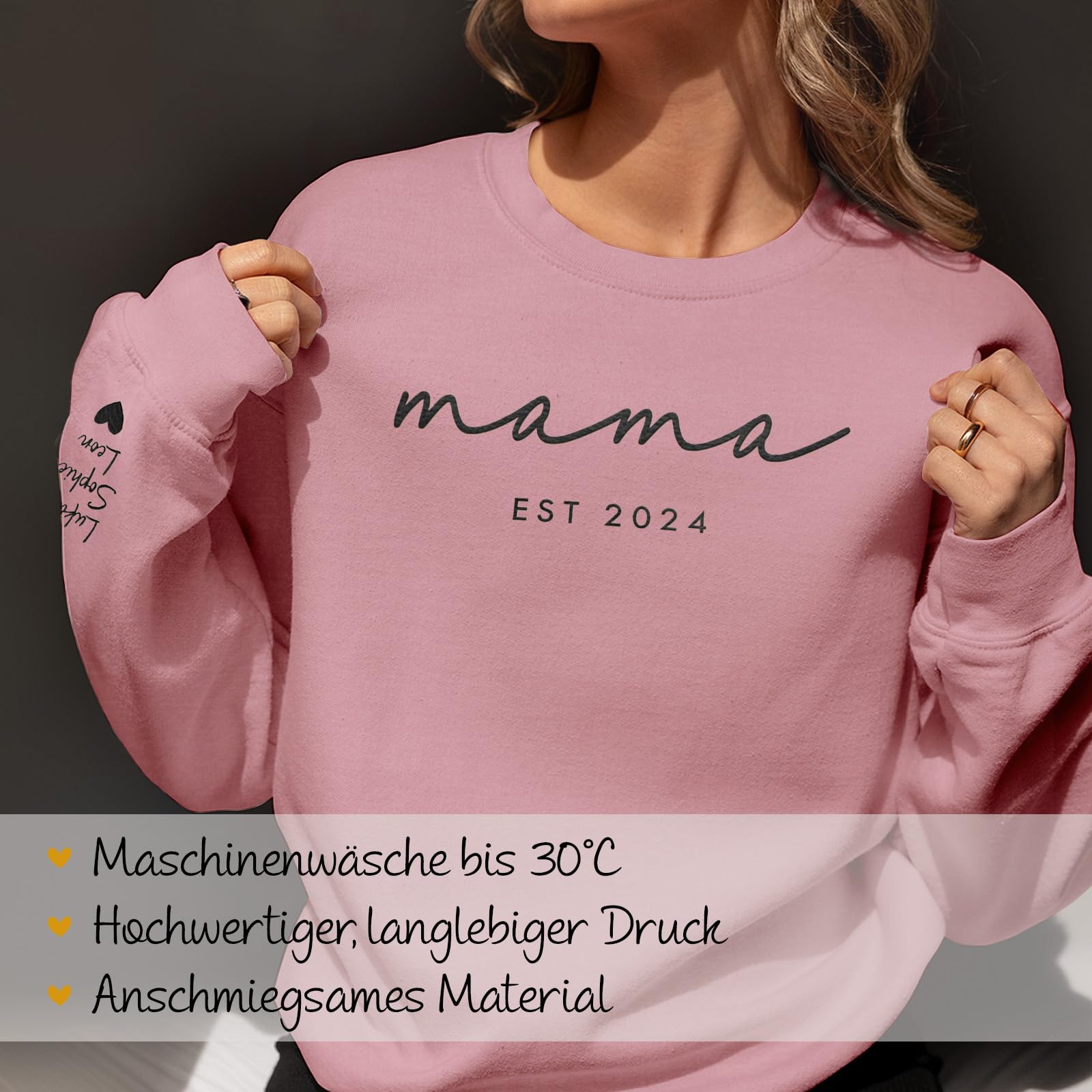 Love Faith - Personalisierter Sweater mit personalisiertem Aufdruck - In 6 Farben - Für Mama, Papa, Oma, Opa oder mit eigenem Text und Jahrgang sowie bis zu 4 Namen auf dem Ärmel
