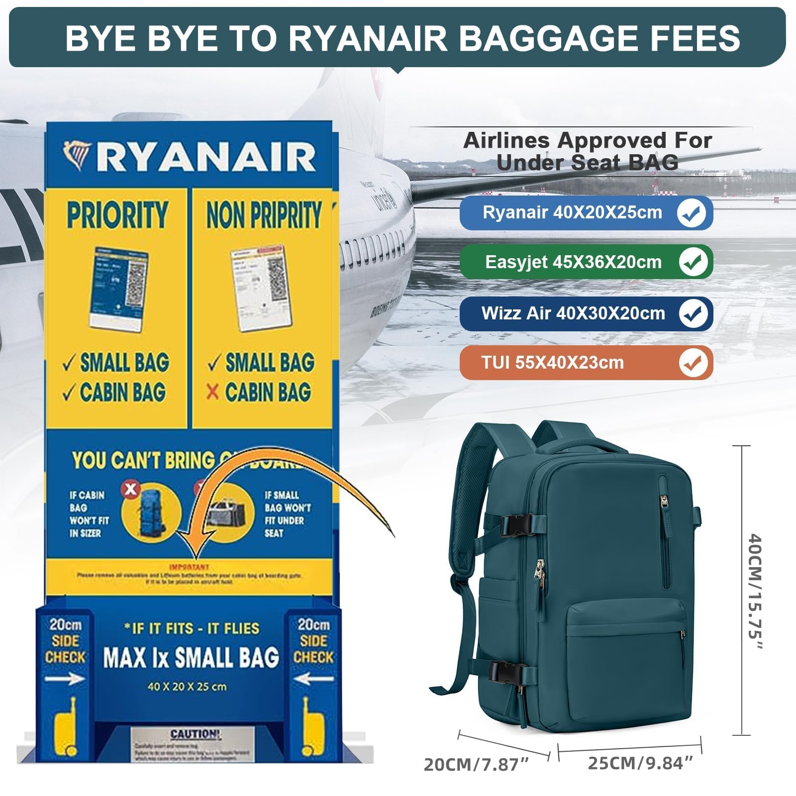 Zaino da Viaggio per Ryanair 40x20x25 Bagaglio a Mano Zaino Borse da Cabina per Ryanair Il Sedile Zaino Aereo Bagaglio a Mano Donna Borsa Cabina Viaggio Zaino Travel Viaggio Casual Daypack,Blu Pavone