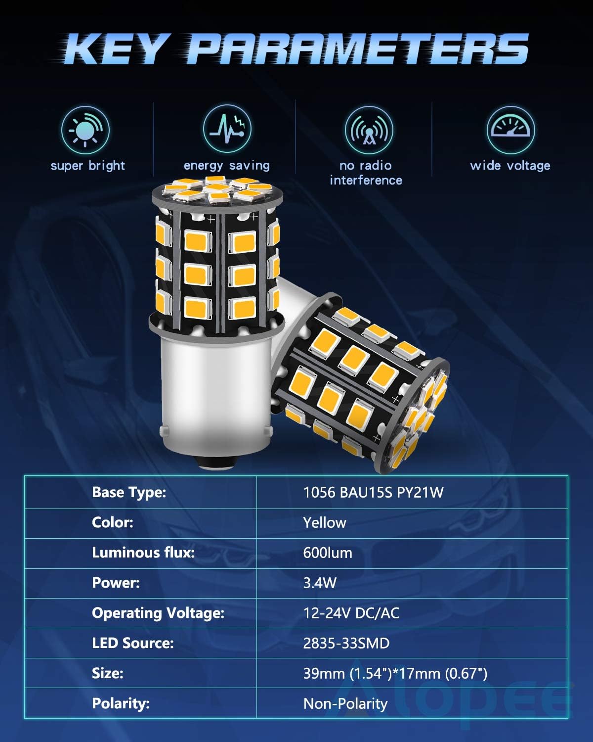 Alopee- 9V-30V DC/AC 7507 LED Bulb Amber Yellow Super Bright BAU15S Bulb Replacement for 5009 PY21W 12496 LED Turn Signal Bulb Blinker Lights, 33PCS 2835 Chips, Non Polarity, Pack of 2