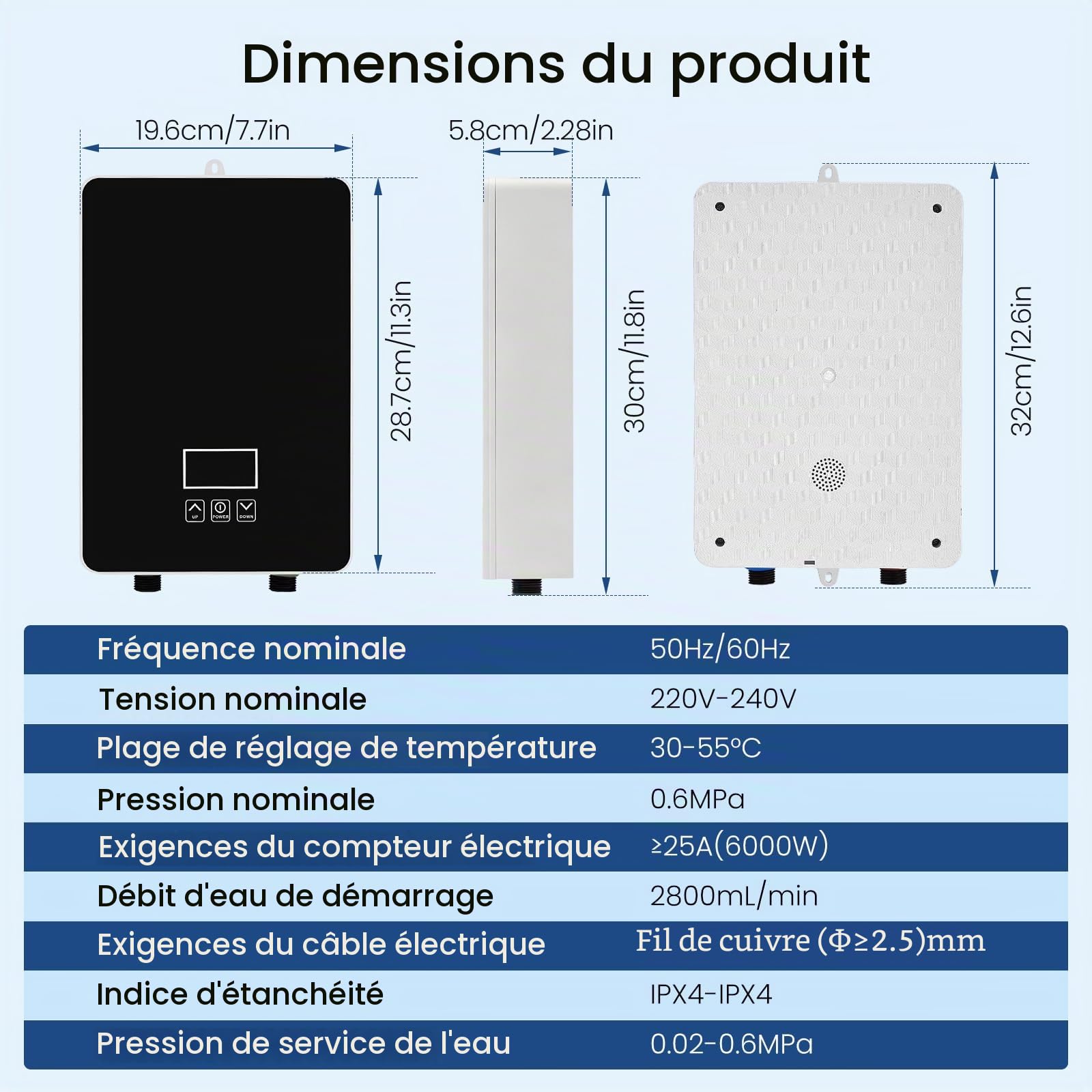 Mini Chauffe-eau Électrique Instantané, 6000W avec kit de Affichage LED