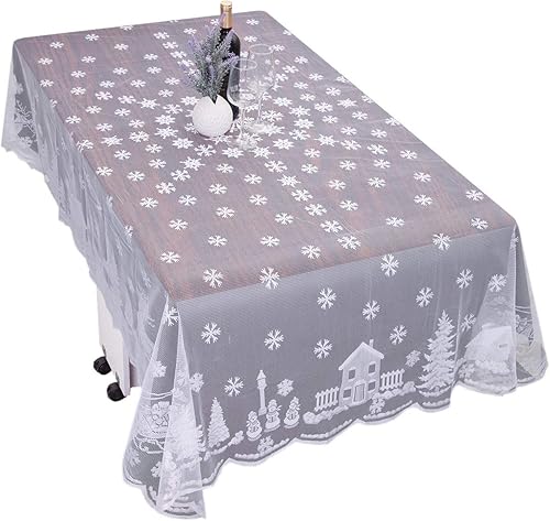 Miniatura 4 de mookaitedeocr - Mantel de encaje de poliéster de 69 a 70 pulgadas, cubierta de mesa redonda de copos de nieve blancos para Navidad, Acción de