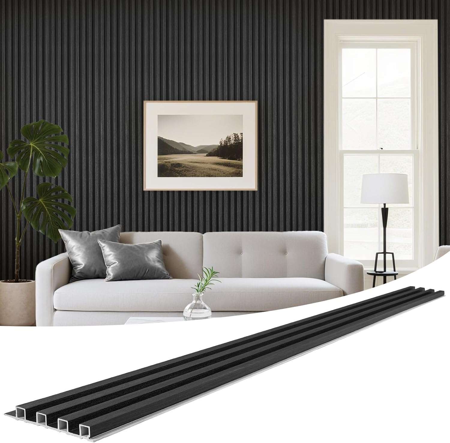 WPC Slat Wall Panels 8 Pack 96" x 6.6", Waterproof Fluted Wall Paneling, Accent 3D Wall Panel for Wall Decor, Bathroom, Bedroom, Office - High Grille Black (Cover Approx.35 sq.ft)