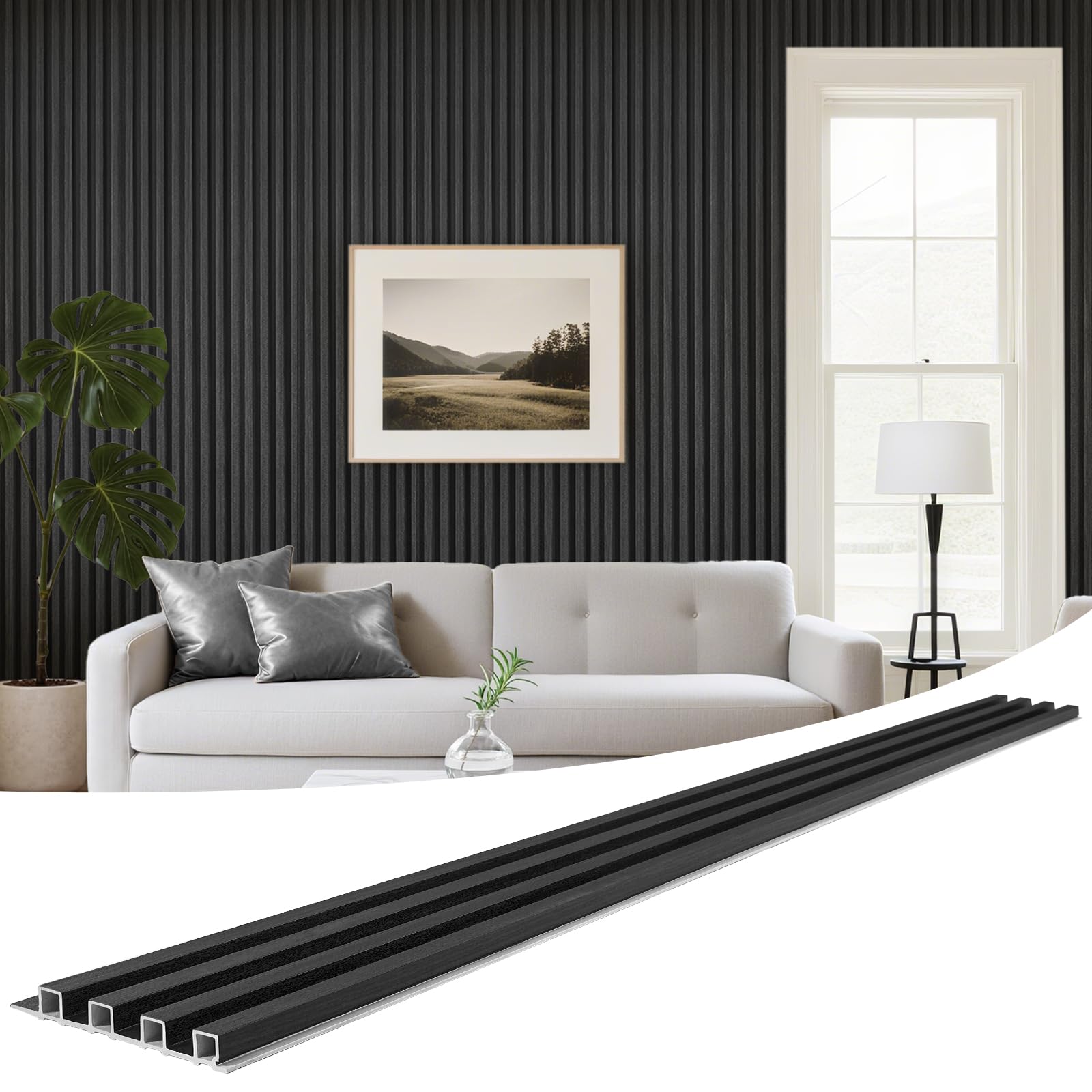 WPC Slat Wall Panels 8 Pack 96" x 6.6", Waterproof Fluted Wall Paneling, Accent 3D Wall Panel for Wall Decor, Bathroom, Bedroom, Office - High Grille Black (Cover Approx.35 sq.ft)