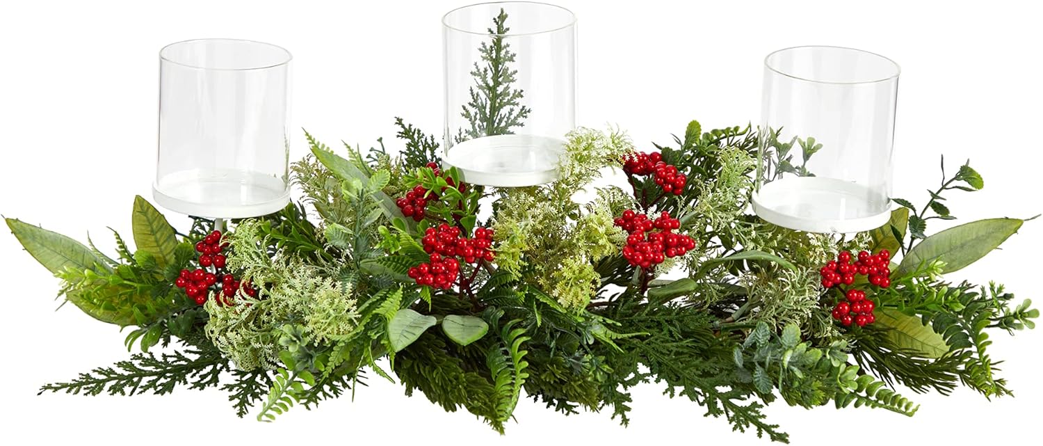 Nearly Natural 20in. Holiday Winter Greenery and Berries Triple Candle Holder Artificial Christmas Table Arrangement