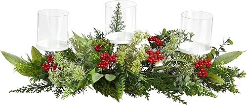 Nearly Natural Portavelas triple de 20 pulgadas, diseño de plantas y bayas de invierno