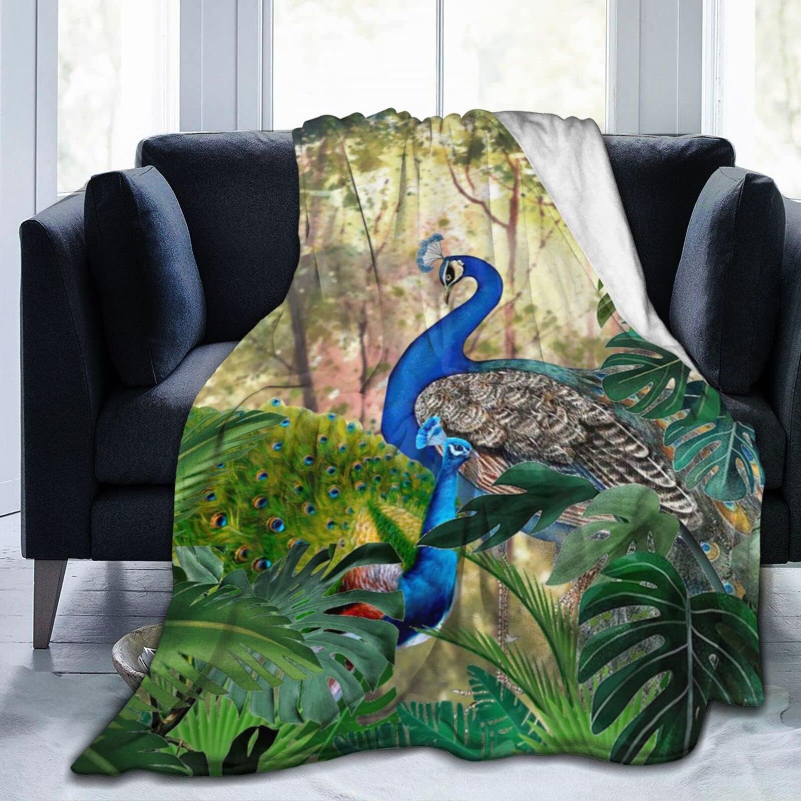 Peacock Throw Blanket Peacock Forest Plant Luxury Cozy Plush Soft Blanket for Bed, Couch, Sofa, Dorm, Home Decor Queen Size 60"X50"