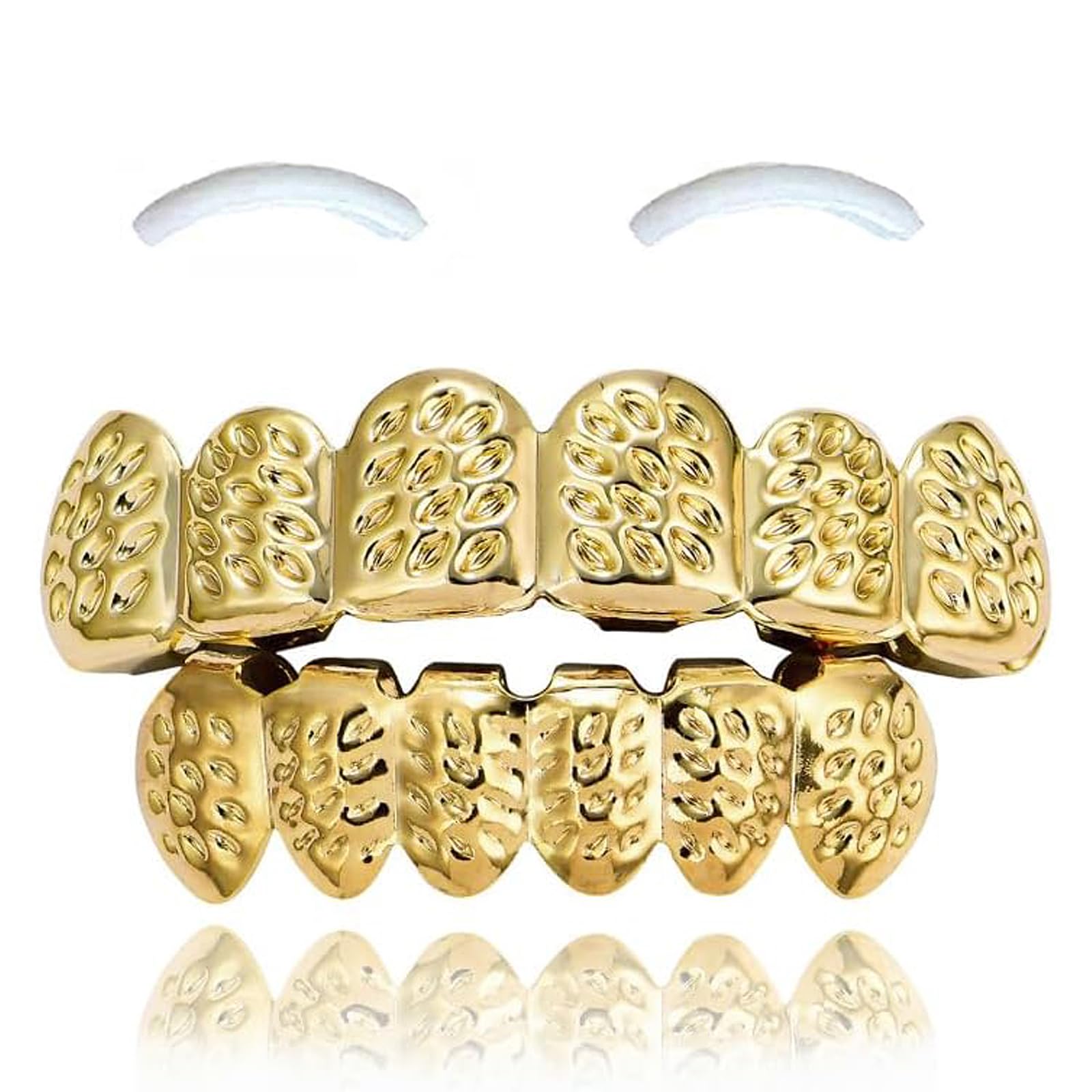 SSyang 18K Hip Hop Teeth Grills for Mouth Braces Decoration with 2 Silicone Moldings Hip Hop Teeth Grills for Mouth Top Bottom Music Festival Party Rapper Decorations (Golden, Flower style) — image 1
