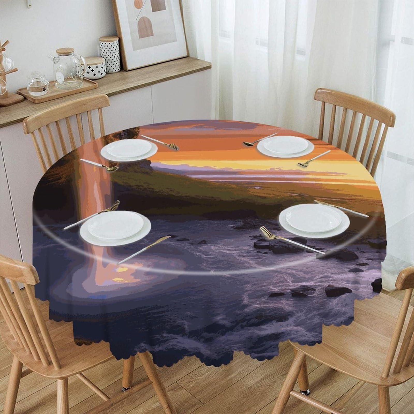 VstaDank Waterfall at Sunset Round Tablecloth 60 Inch Easy to Clean Circle Table Cover Thick Decorative Round Polyester Table Cloth for Dining Kitchen Party Farmhouse Outdoor