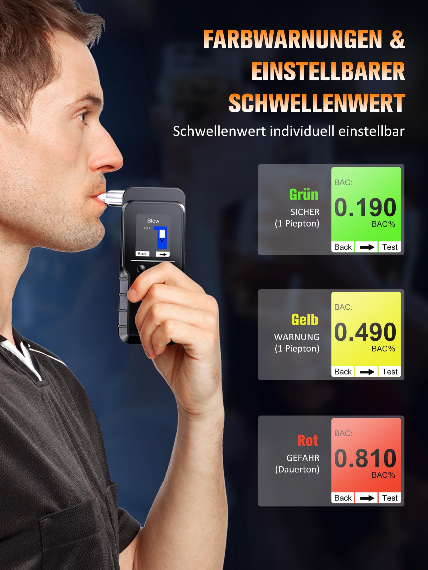 Alkoholtester mit elektrochemischem Sensor, hochpräziser digitaler Alkoholmessgerät USB-C Ladefunktion, Alkotester
