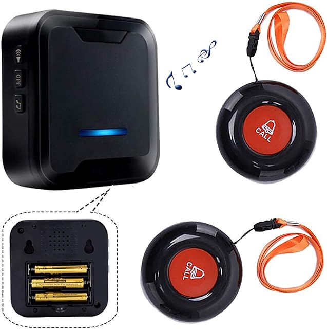 Wireless Portable Caregiver Pager/Emergency Call Button Bell/Panic Alarm System/Personal Calling Alert Help for Elderly Senior Patient Home with 1Battery Receiver & 2Call Button