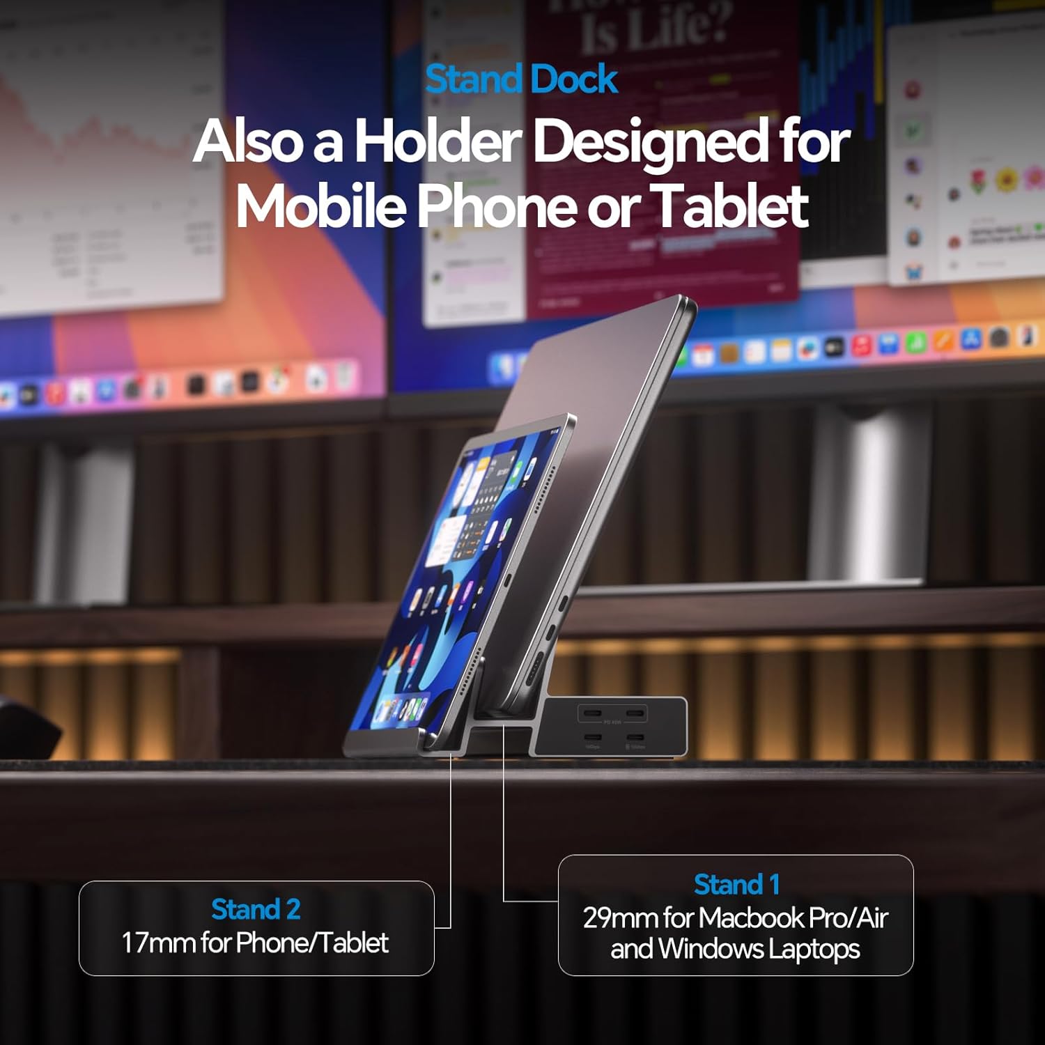 The docking station used as a dual vertical stand for a laptop and a tablet, optimizing desk space.