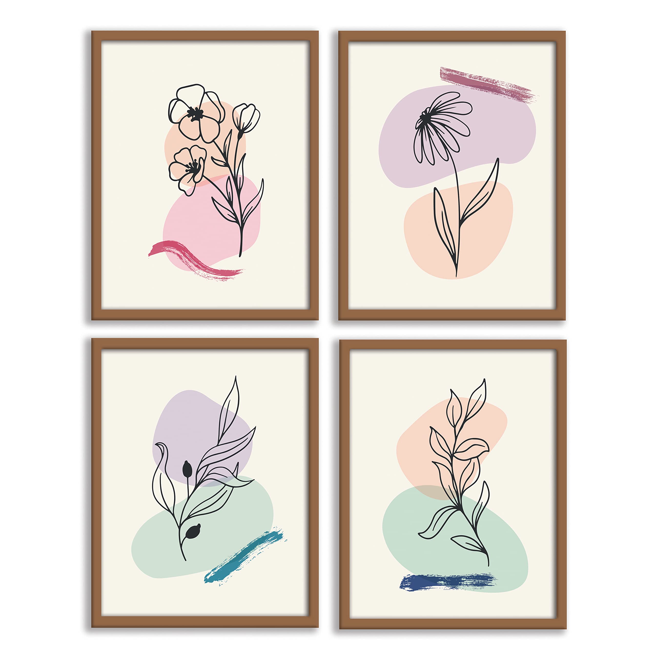 PRINT UP Boho Wall Art Modern Botanical Poster Set, Hand Drawn Poster, Brush Effect Abstract Pastel Cover Collection, Set of 4 Minimalist Floral Home Decor 8x10 UNFRAMED