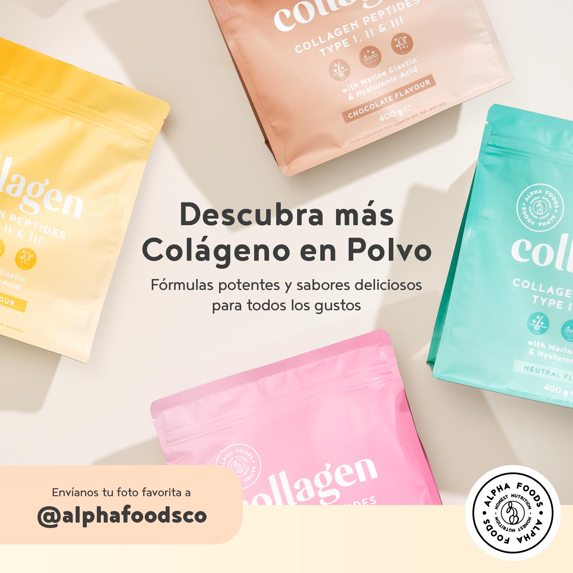 Colágeno en Polvo 2x 400g | Péptidos de Colageno Hidrolizado con Acido Hialuronico y Elastina Marino | Collagen Peptides Tipos I, II, III | Sin Sabor | Alpha Foods