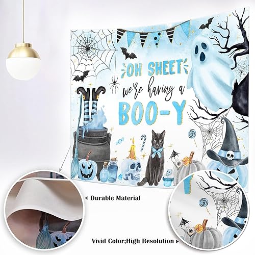 Miniatura 3 de Mocsicka Telón de fondo de Halloween para decoración de fiesta de baby shower de niño Boo-y, pancarta azul, bonita y espeluznante (7 x 5 pies)