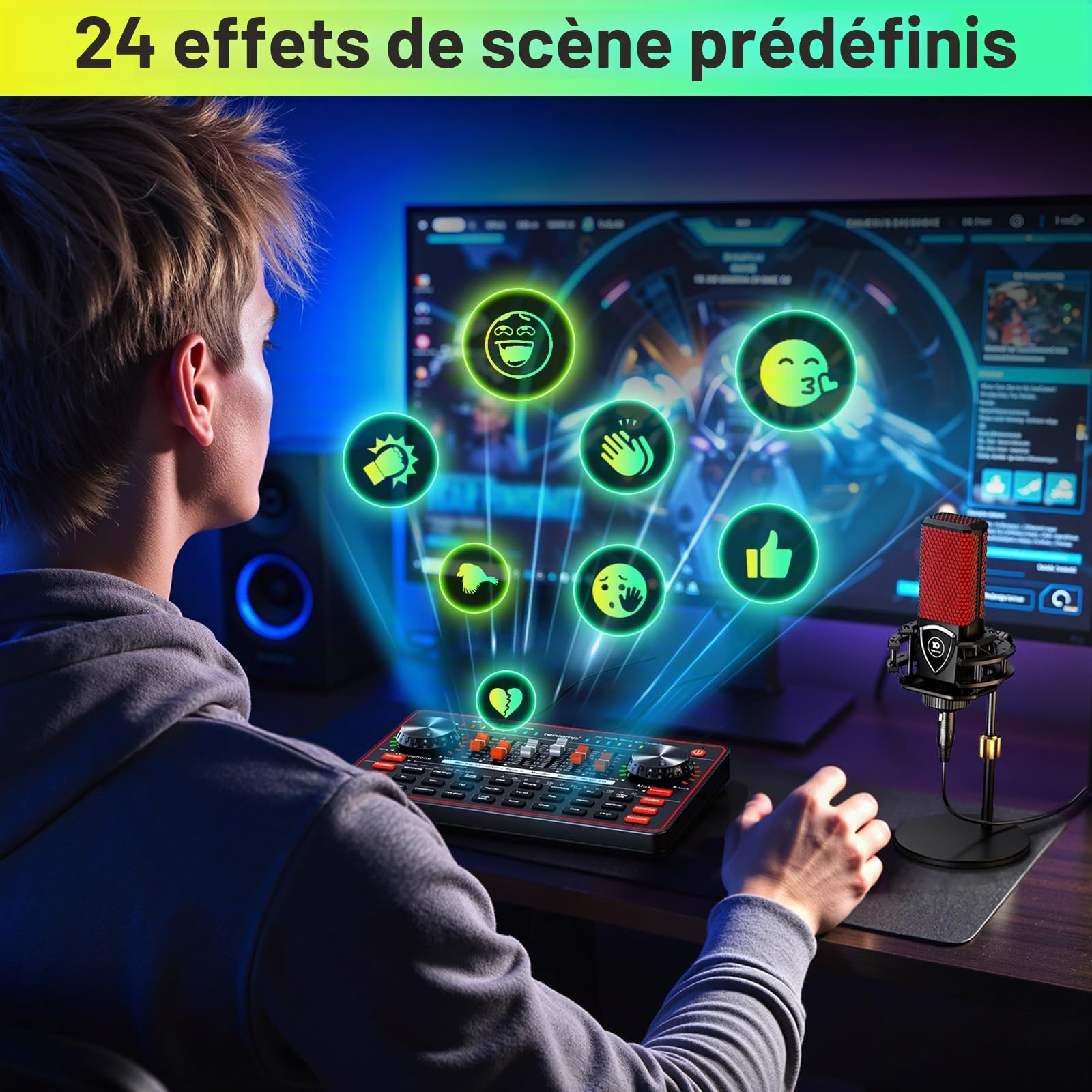 TENLAMP G3 Kit Podcast – Table de Mixage Live Sound Board, Micro Condensateur 3,5mm avec Support, Changeur de Voix, Réduction de Bruit – pour PC, Smartphone, Streaming & Création de Contenu