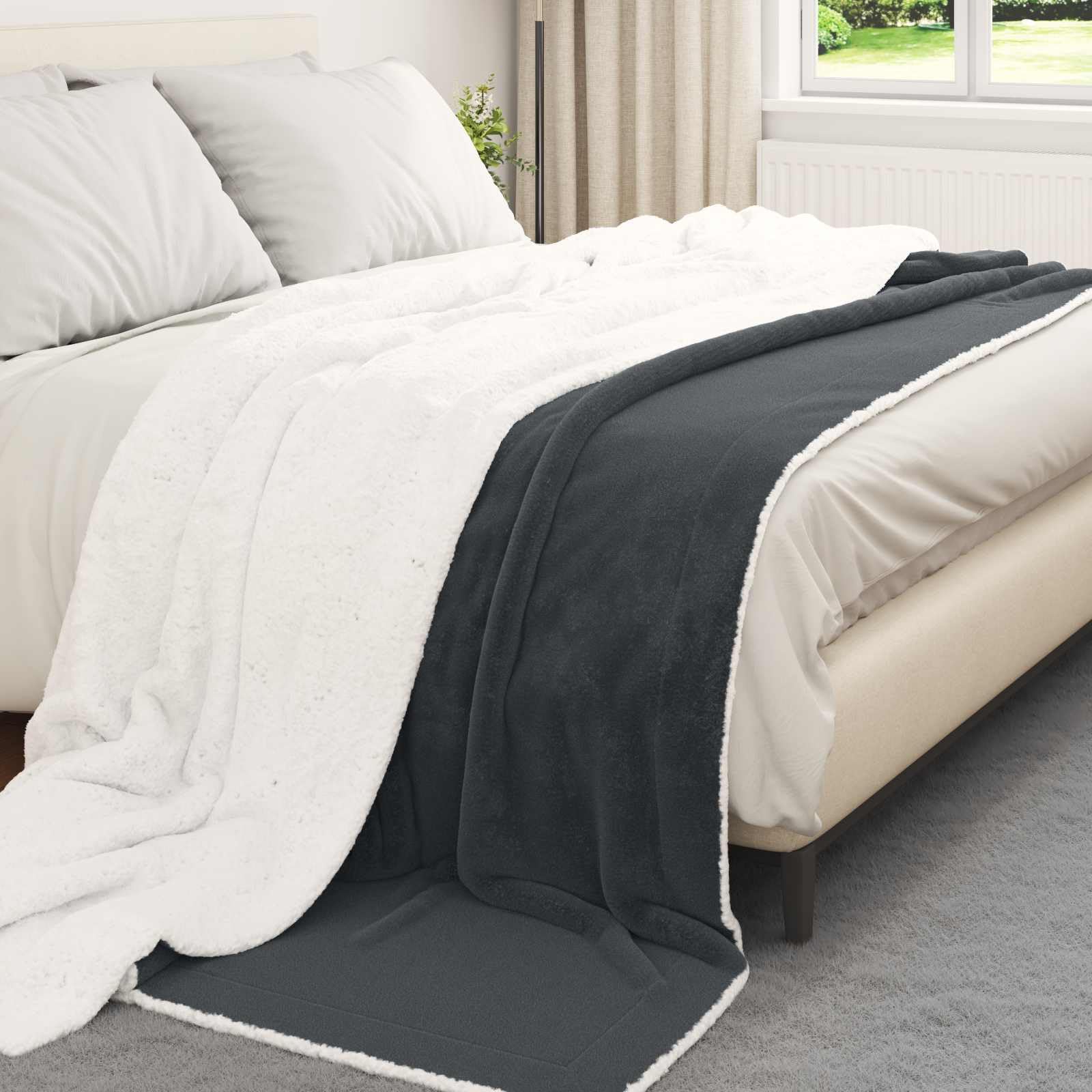 Ciemnoszary koc z polaru 240 x 270 cm, 480 g/m², koc do przytulania na sofę i do sypialni, jako pled na jesień i wiosnę, zapewnia ciepło i komfort