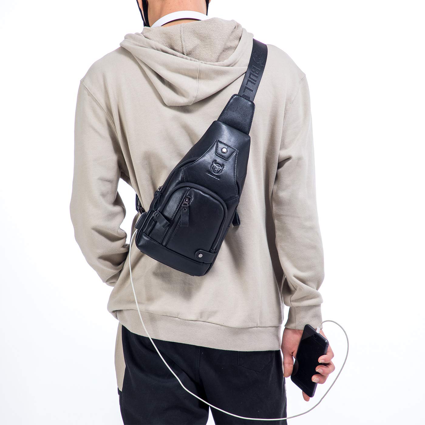 SIDNAZ Herren Echtleder Brusttasche Brustbeutel Leder Schultertasche Schulter Rucksack Reisetasche Crossbody DE915 Schwarz