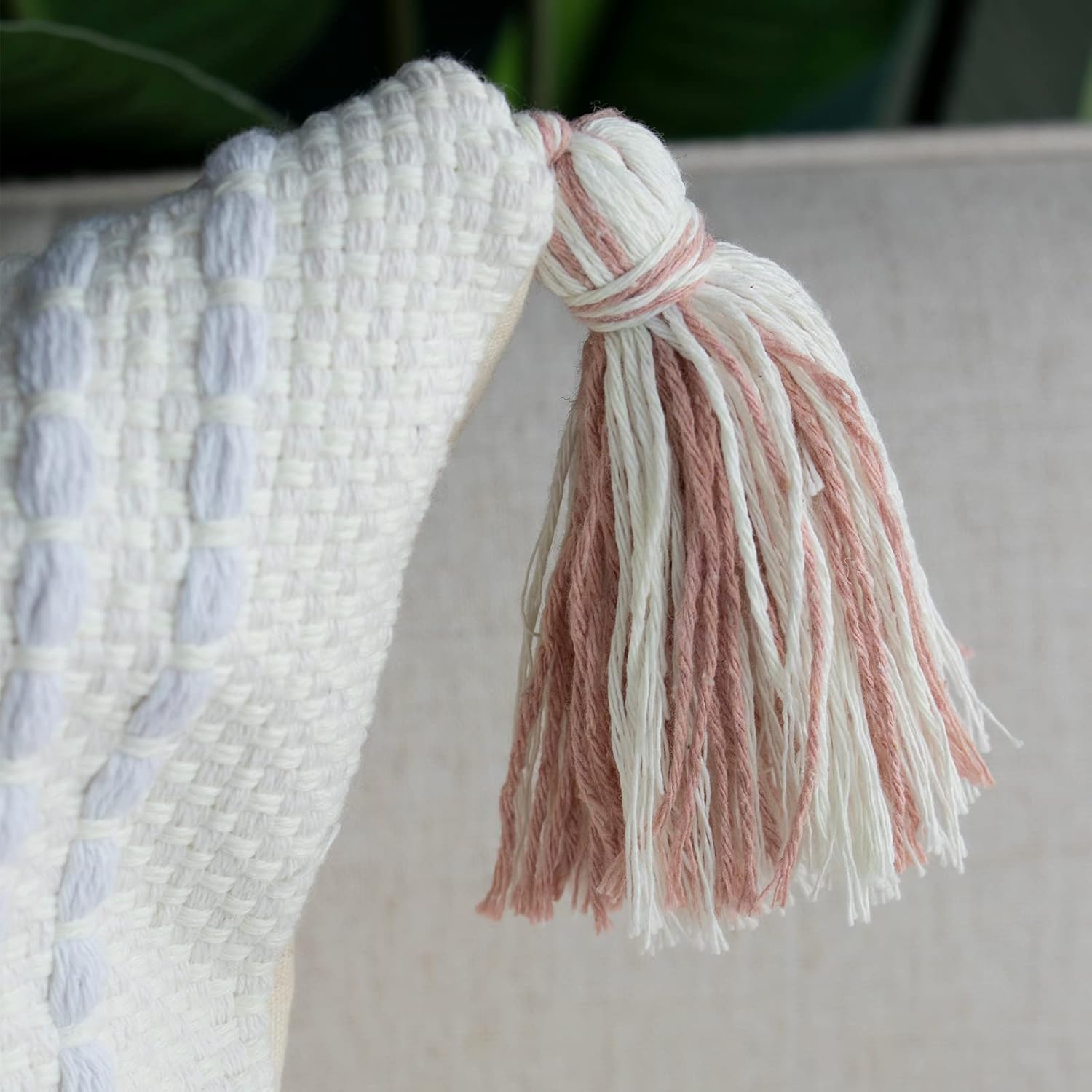blue page Boho Tufted Square Pillow Cover 22 × 22 in – Neutral Pink | Woven Farmhouse Accent Decorative Throw Pillow Cover with Tassels & Invisible Zipper for Couch, Bed or Living Room