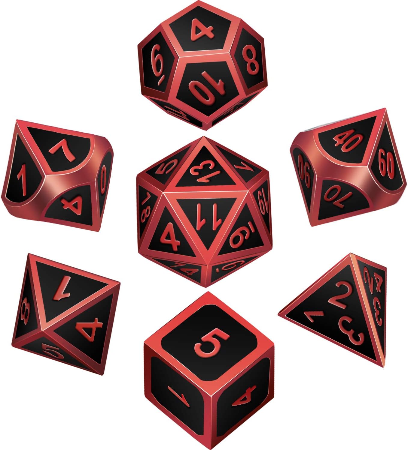 Hestya 7 Pieces Metal Dices Set Game Polyhedral Solid Metal Dice Set with Storage Bag and Zinc Alloy with Enamel for Role Playing Game, Math Teaching (Red Edge Black 2)