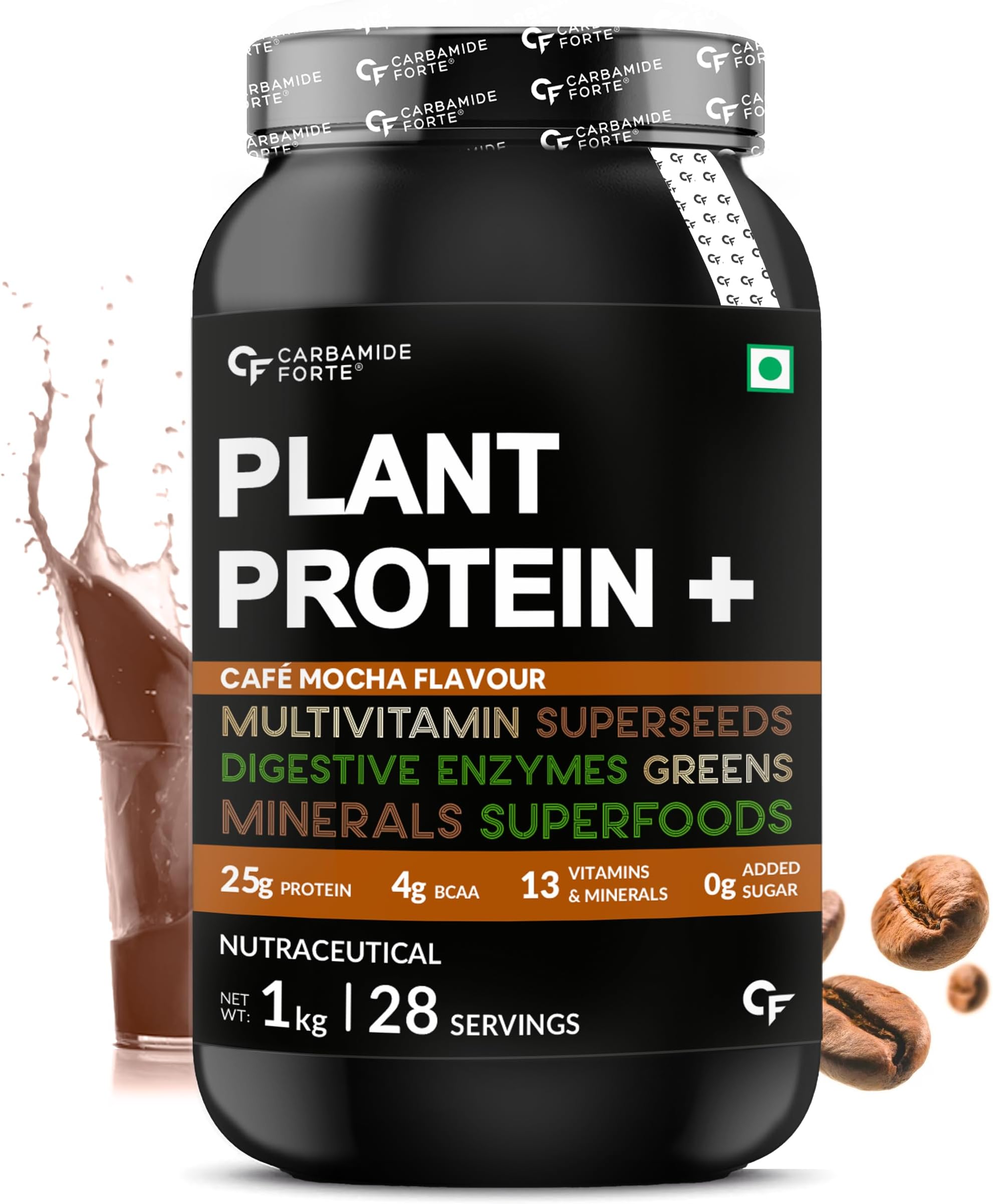 Vegan Protein Powder - Plant Based Protein Powder with Multivitamin, Minerals, Superfoods, Pea Protein, Digestive Enzymes | Plant Protein Powder Cafe Mocha Flavour - 1Kg