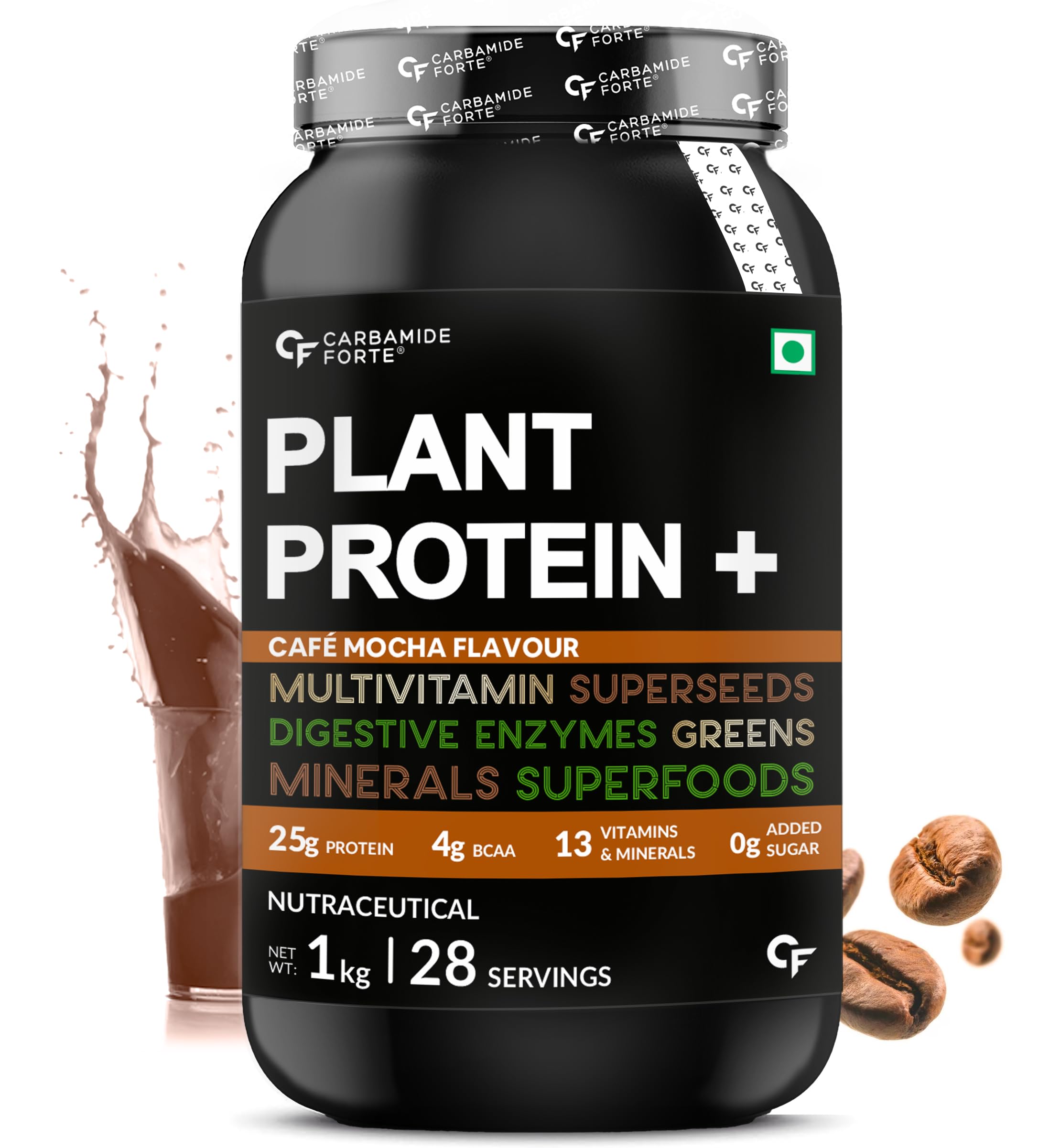 Carbamide Forte Vegan Protein Powder - Plant Based Protein Powder with Multivitamin, Minerals, Superfoods, Pea Protein, Digestive Enzymes | Plant Protein Powder Cafe Mocha Flavour - 1Kg
